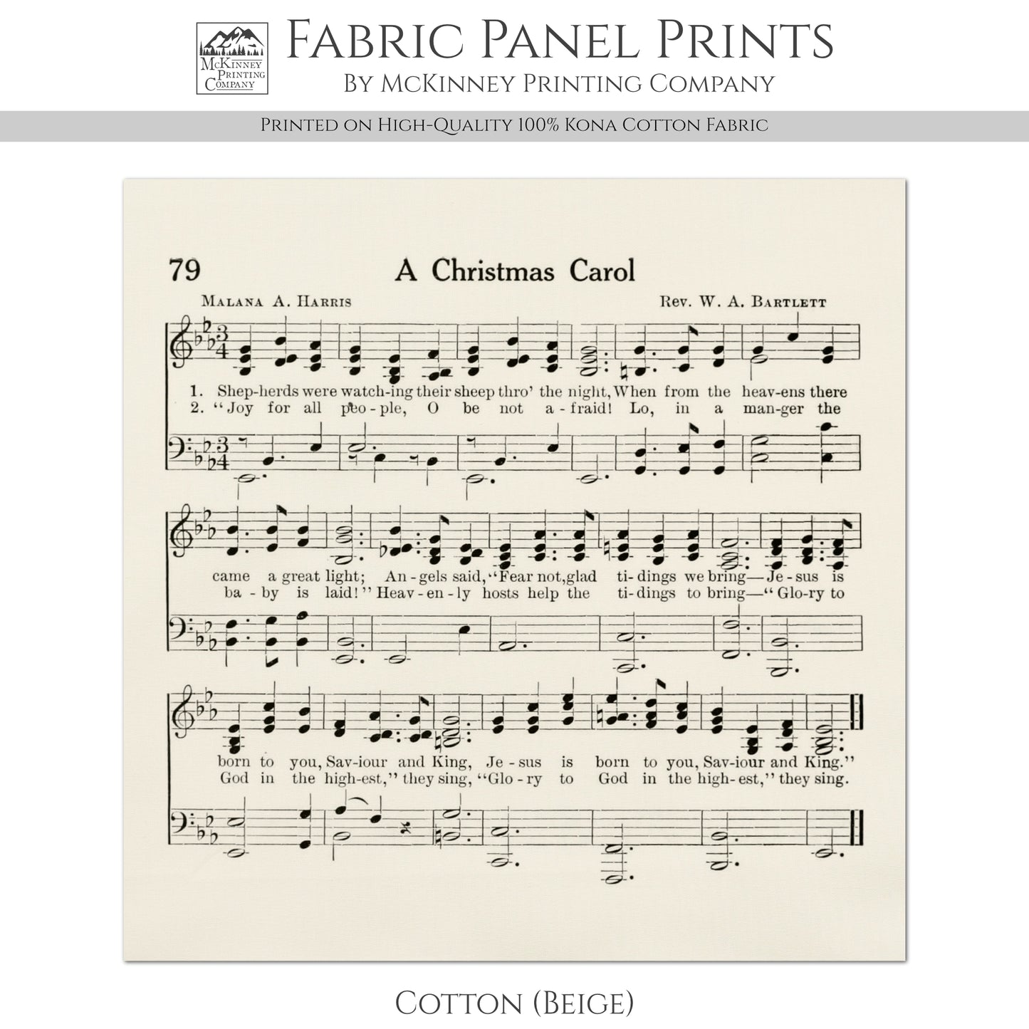 Christmas Fabric Panels - A Christmas Carol, Hymn, Sheet Music, Vintage, Song, Antique, Lyrics, Quilting, Cotton