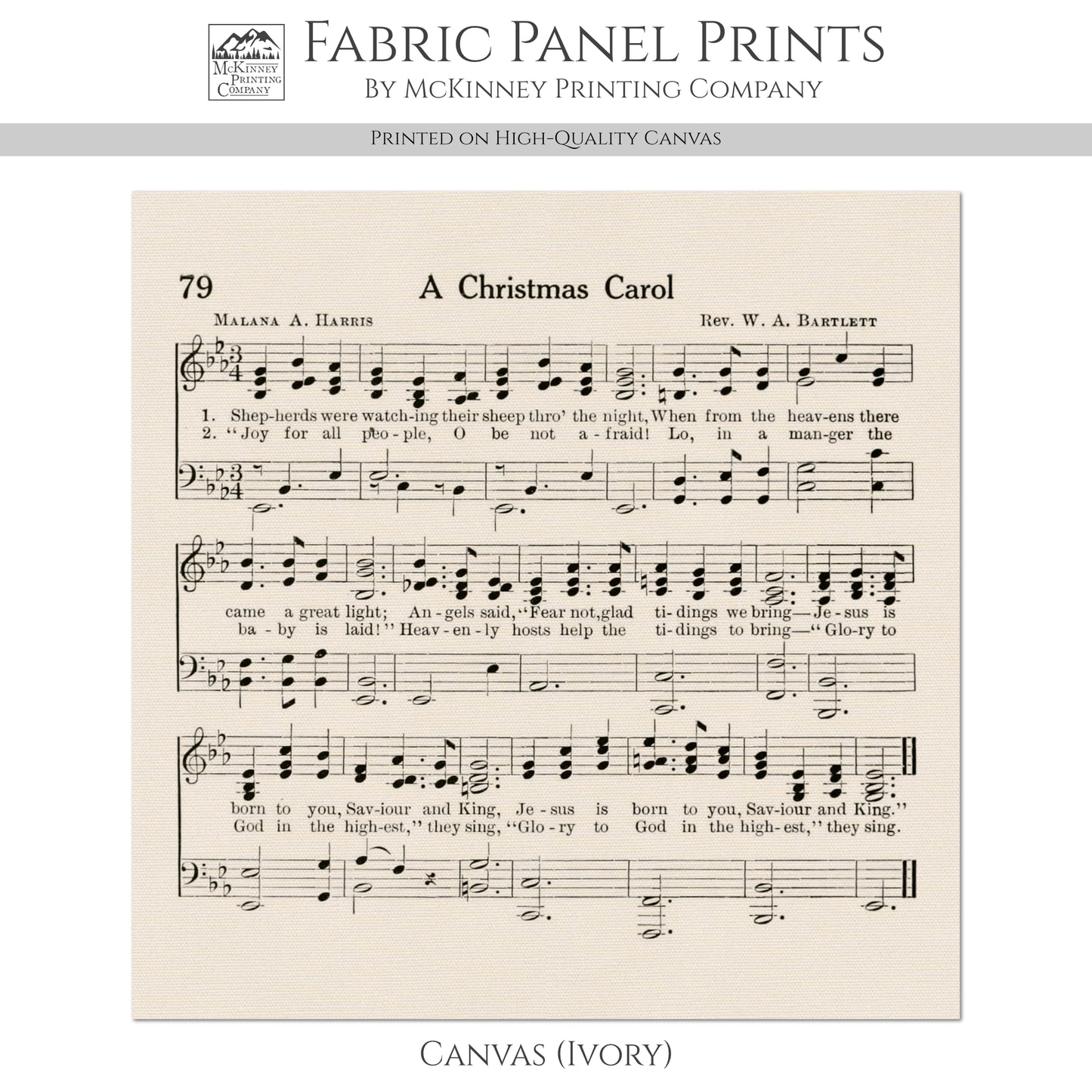 Christmas Fabric Panels - A Christmas Carol, Hymn, Sheet Music, Vintage, Song, Antique, Lyrics, Quilting, Cotton