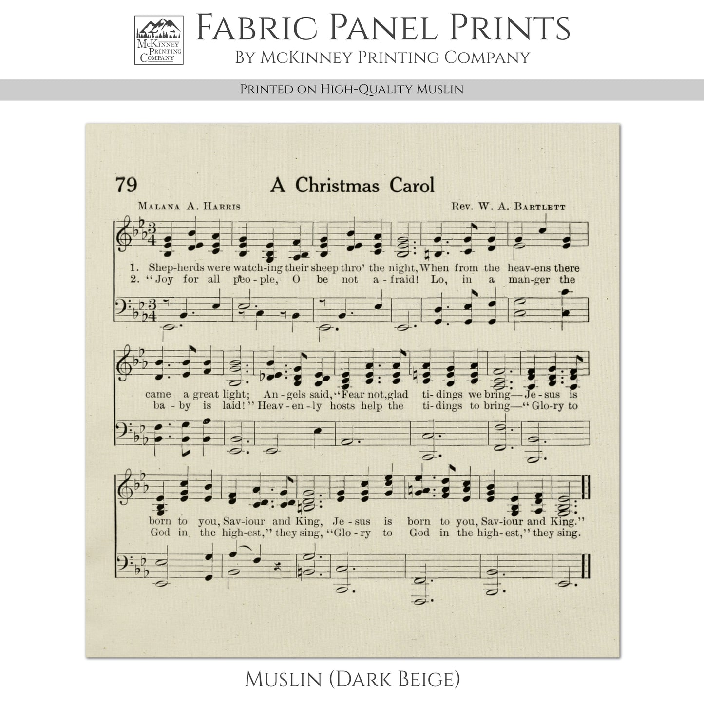 Christmas Fabric Panels - A Christmas Carol, Hymn, Sheet Music, Vintage, Song, Antique, Lyrics, Quilting, Cotton