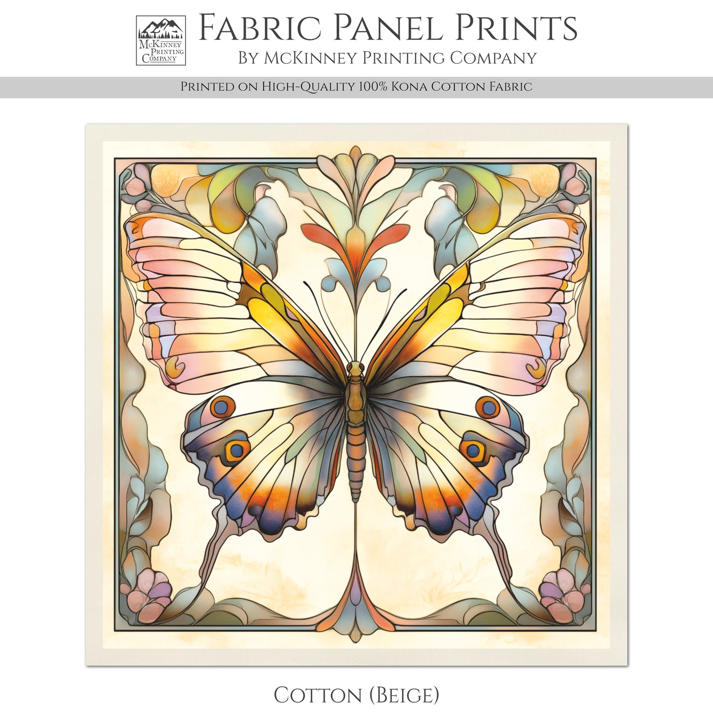 Art Nouveau Fabric - Butterfly Fabric, French Country, Panel, Shabby Chic, Décor, Quilt Block, Vintage, Wall Art, Cotton, Quilting