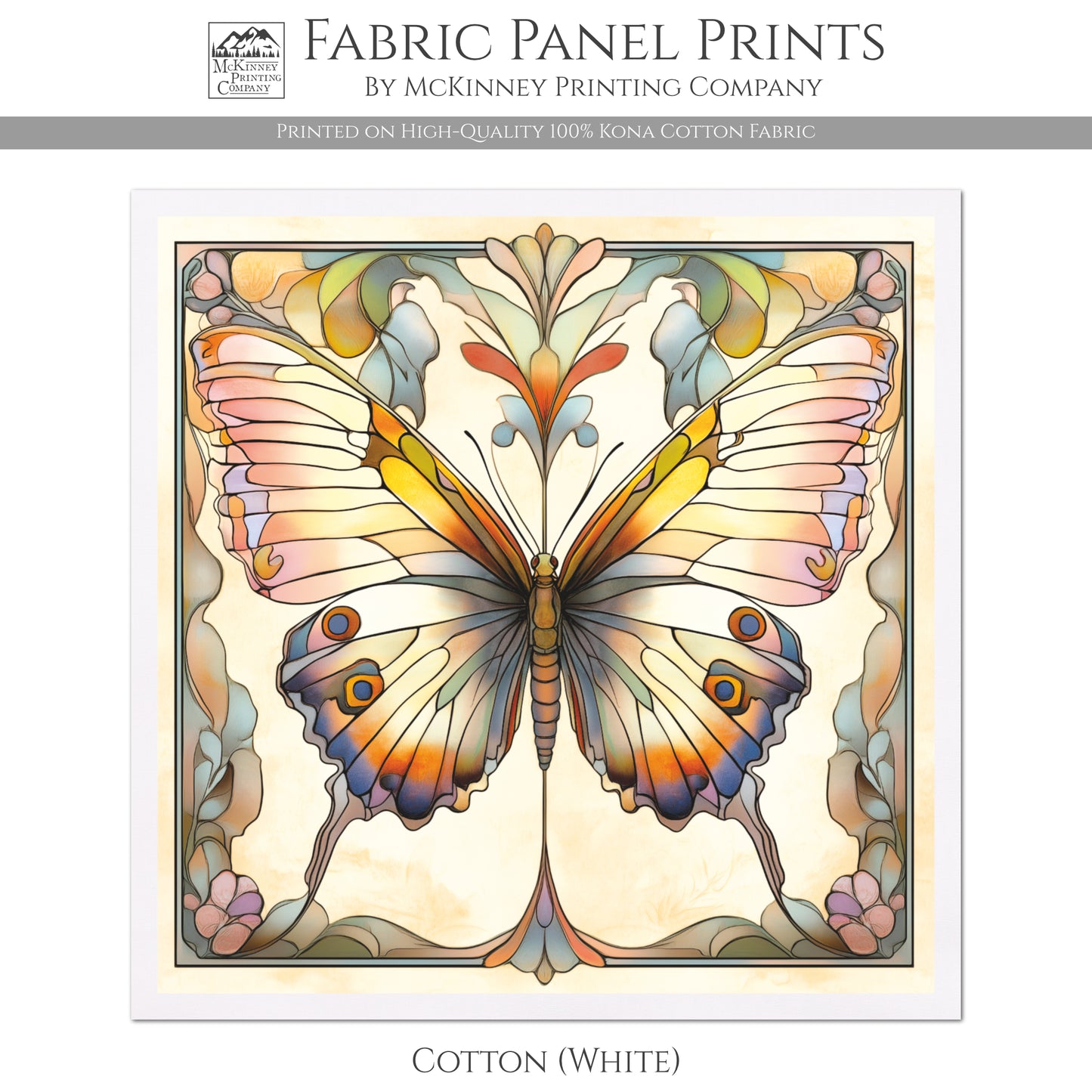 Art Nouveau Fabric - Butterfly Fabric, French Country, Panel, Shabby Chic, Décor, Quilt Block, Vintage, Wall Art, Cotton, Quilting