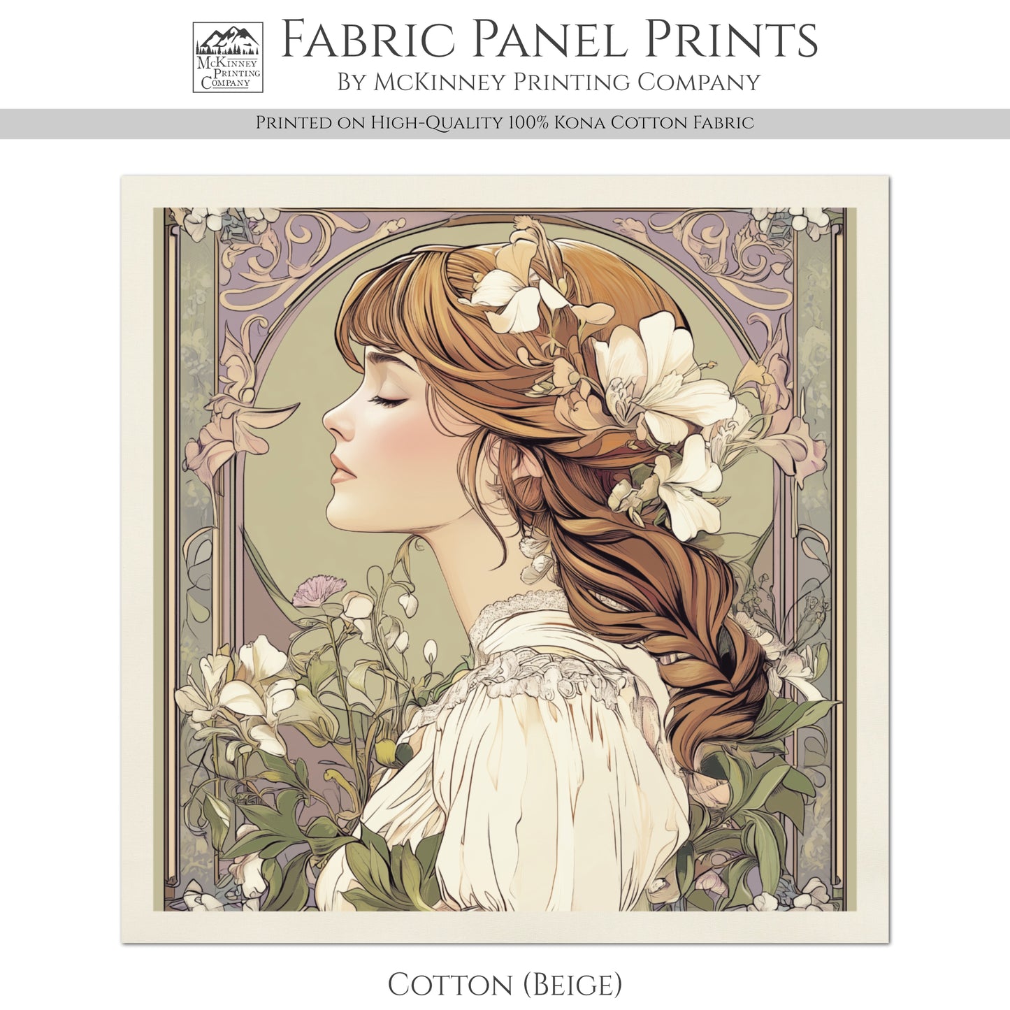 Art Nouveau Fabric - French Country Fabric, Panel, Woman, Portrait, Shabby Chic, Décor, Quilt Block, Wall Art, Cotton, Quilting
