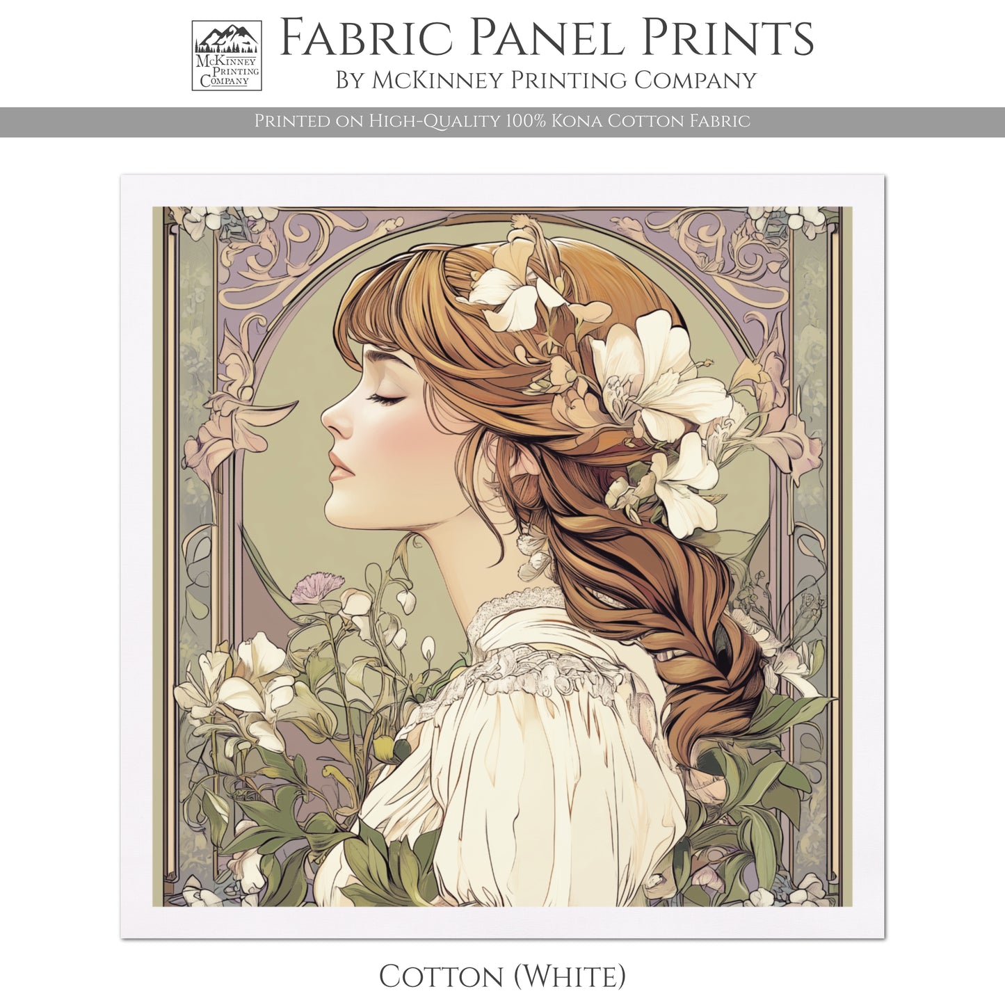 Art Nouveau Fabric - French Country Fabric, Panel, Woman, Portrait, Shabby Chic, Décor, Quilt Block, Wall Art, Cotton, Quilting