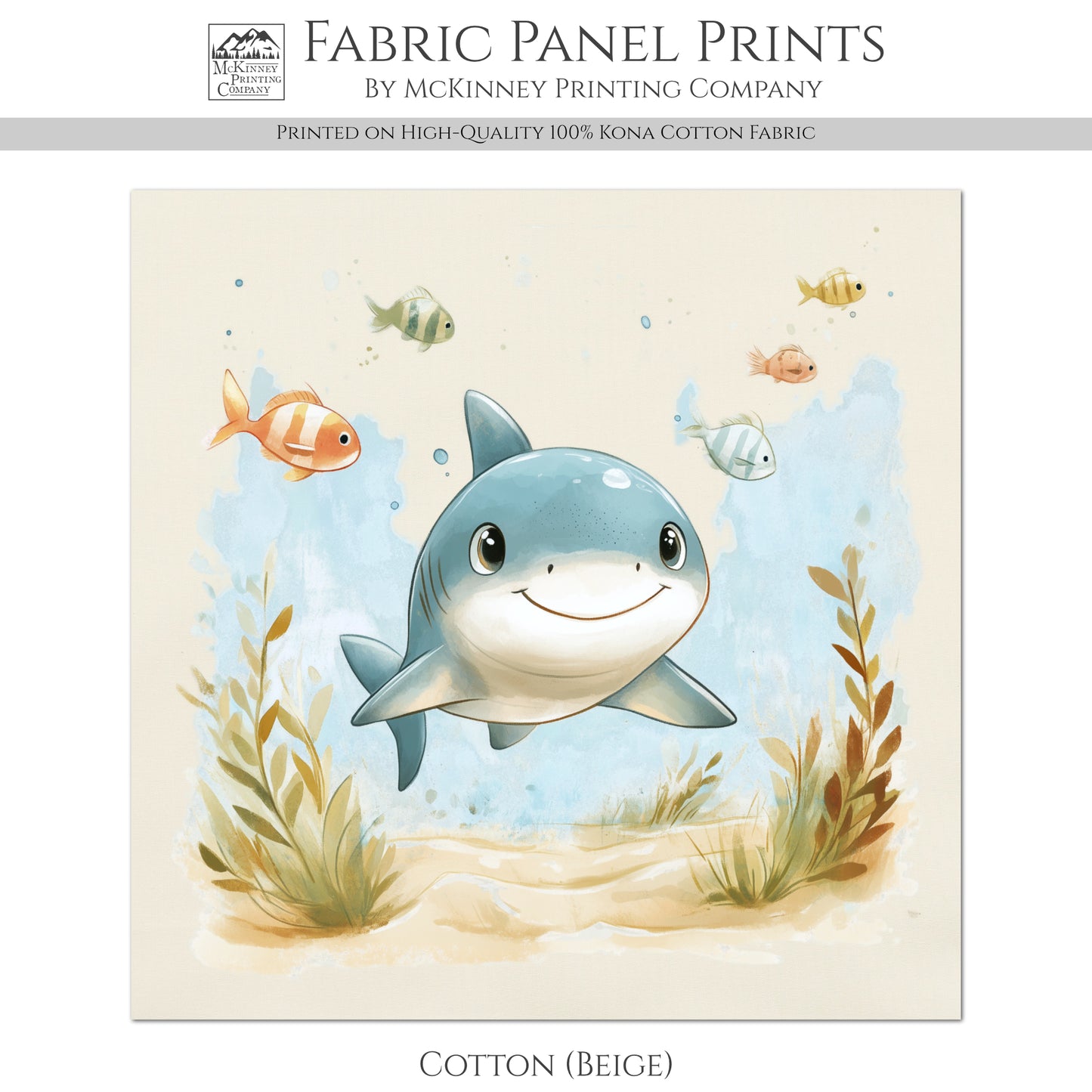 Baby Shark Fabric - Baby Fabric Panels, Sea, Ocean, Boy, Blanket, Nursery Décor, Quilt Block, Cotton, Quilting