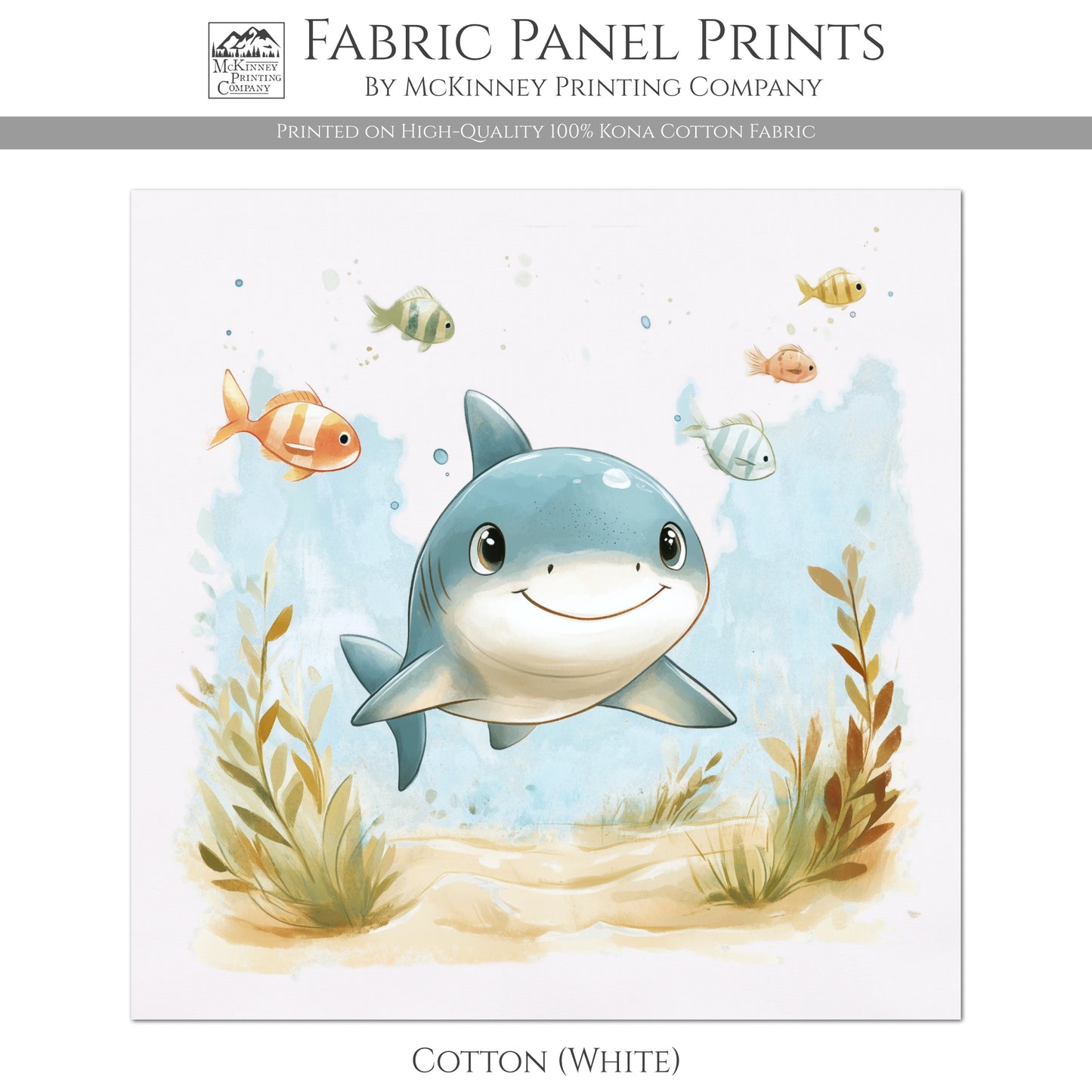 Baby Shark Fabric - Baby Fabric Panels, Sea, Ocean, Boy, Blanket, Nursery Décor, Quilt Block, Cotton, Quilting