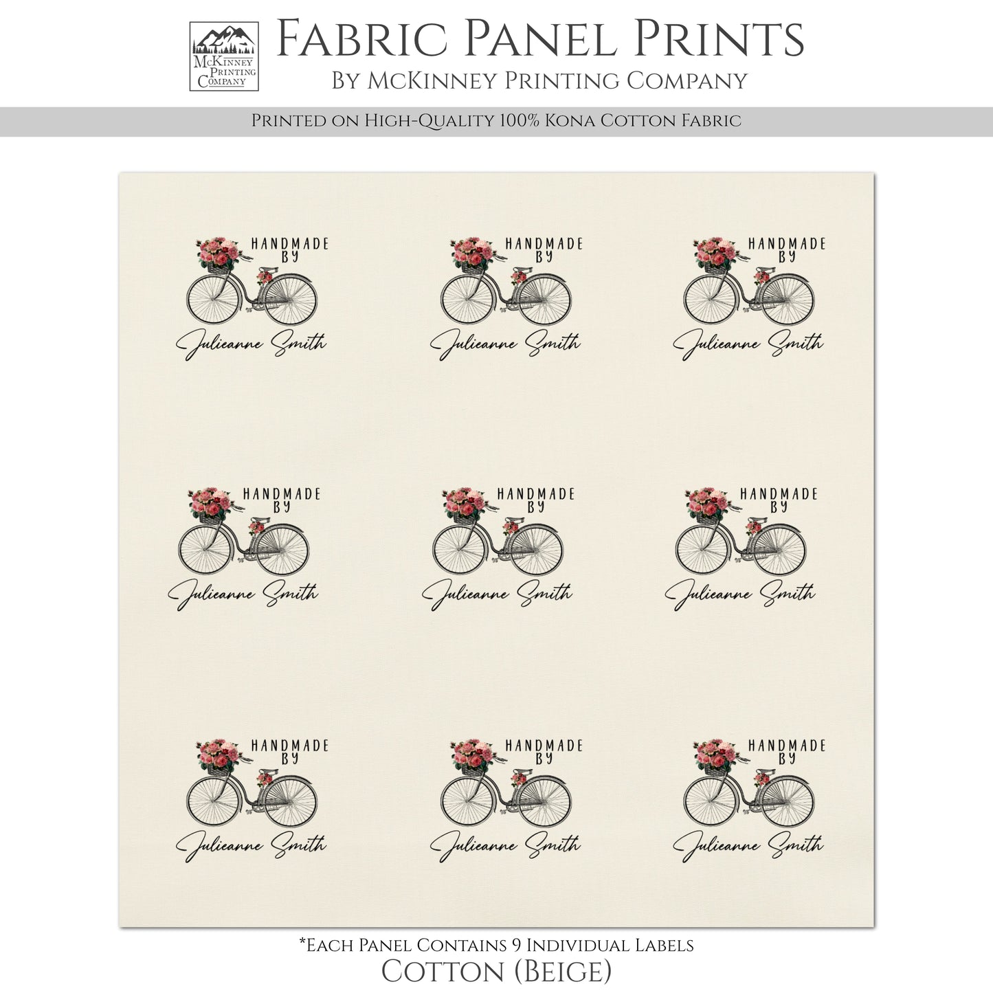 Quilt Labels - Shabby Chic Fabric, Vintage, Bike, Handmade, Fabric Tags, Personalized, Custom, Quilting, Crafting and Sewing Tags