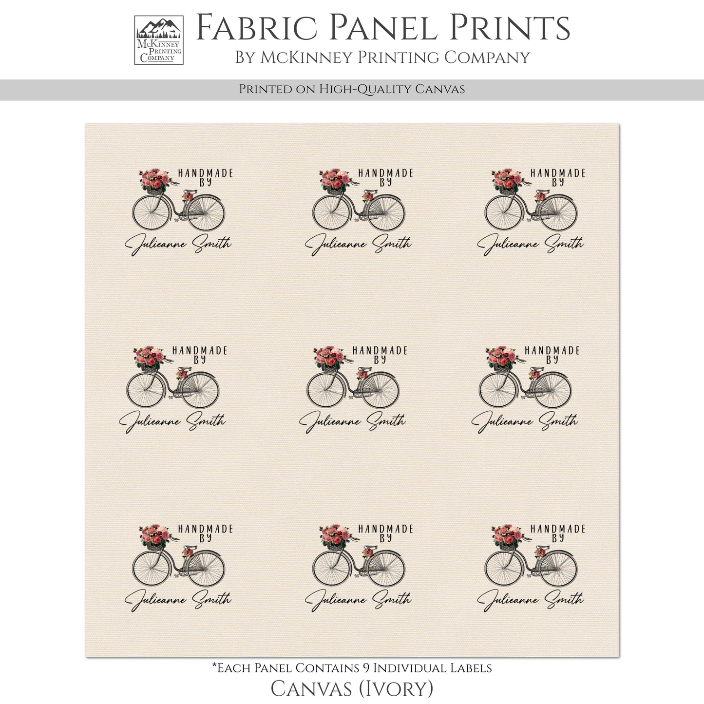 Quilt Labels - Shabby Chic Fabric, Vintage, Bike, Handmade, Fabric Tags, Personalized, Custom, Quilting, Crafting and Sewing Tags