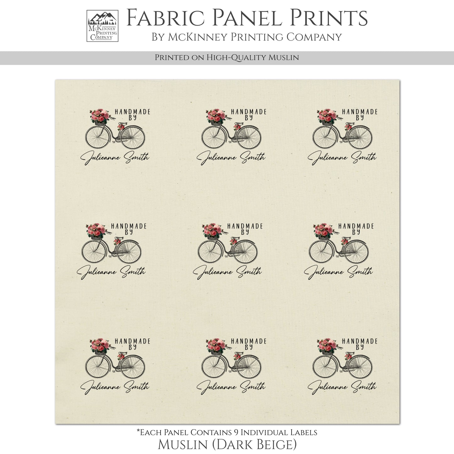 Quilt Labels - Shabby Chic Fabric, Vintage, Bike, Handmade, Fabric Tags, Personalized, Custom, Quilting, Crafting and Sewing Tags