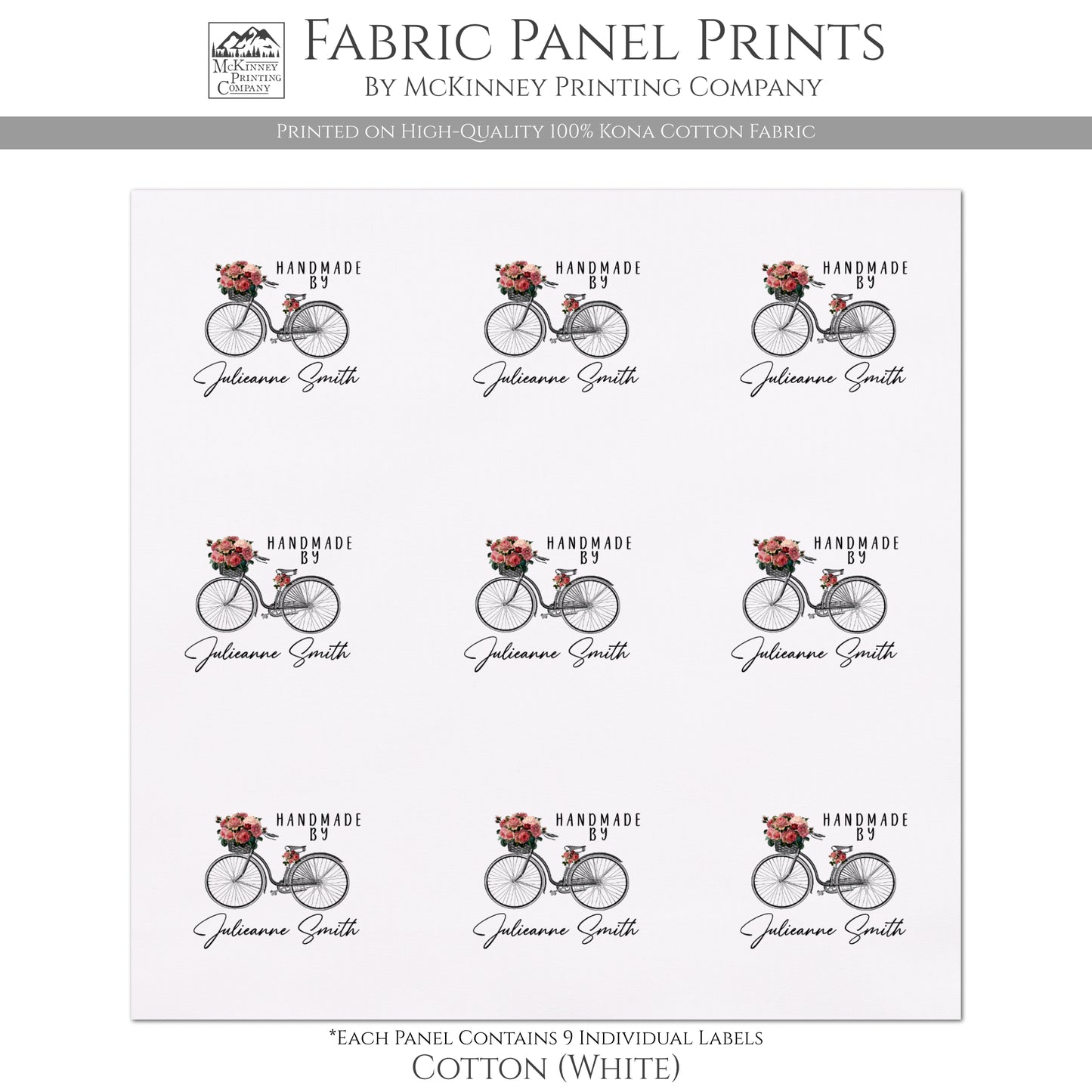 Quilt Labels - Shabby Chic Fabric, Vintage, Bike, Handmade, Fabric Tags, Personalized, Custom, Quilting, Crafting and Sewing Tags