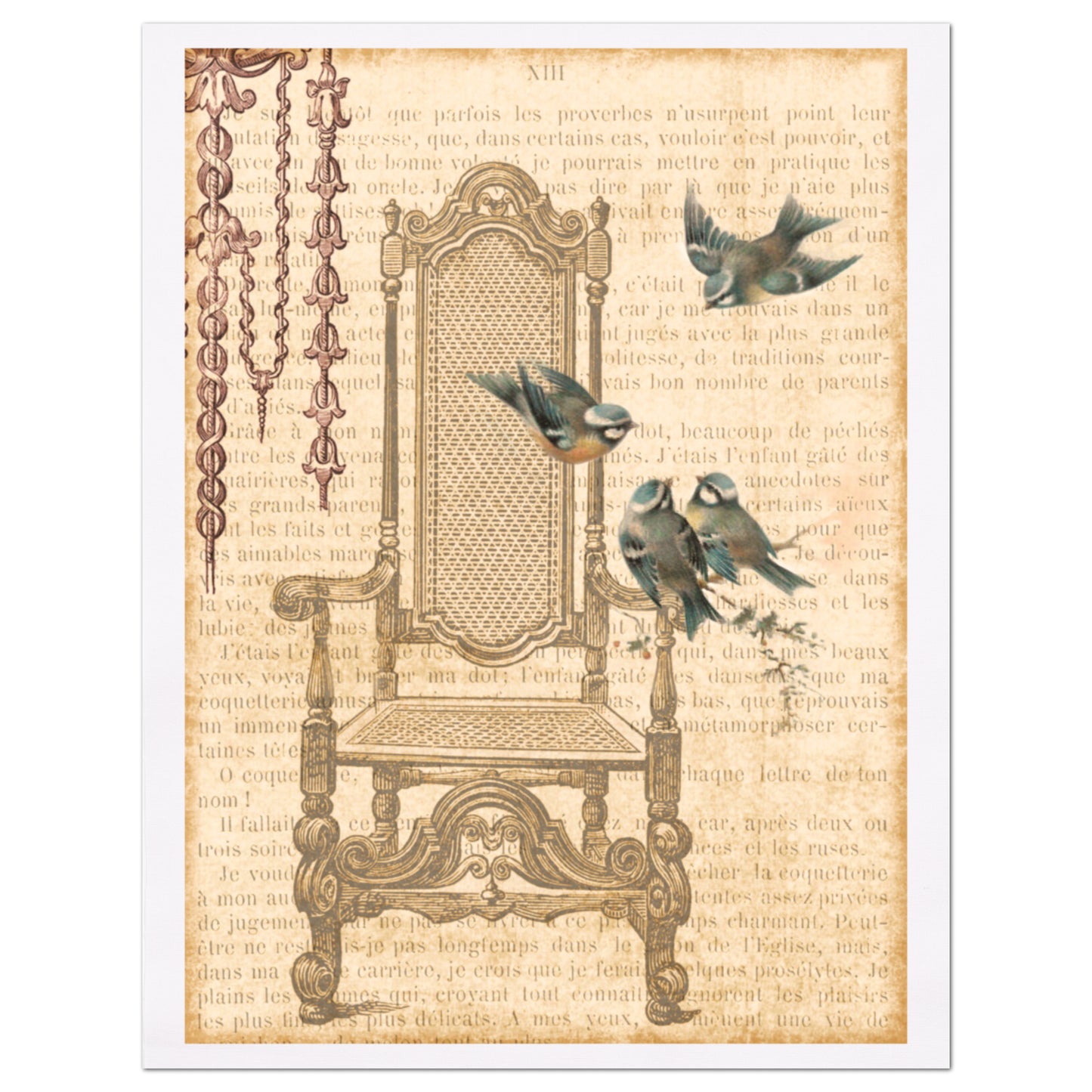 Bird Fabric, French Country, Shabby Chic, Fabric Panel Print