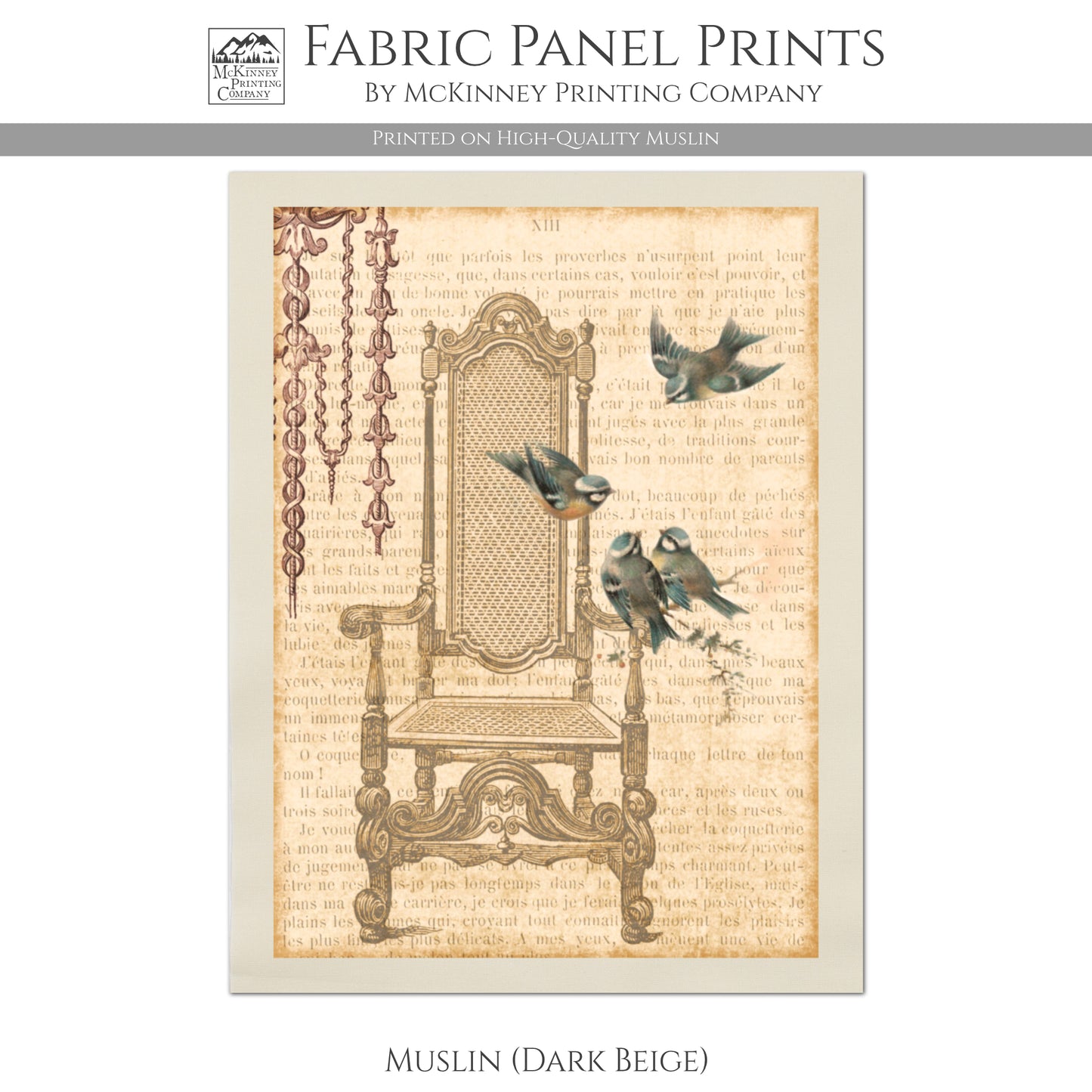 Bird Fabric, French Country, Shabby Chic, Fabric Panel Print - Muslin