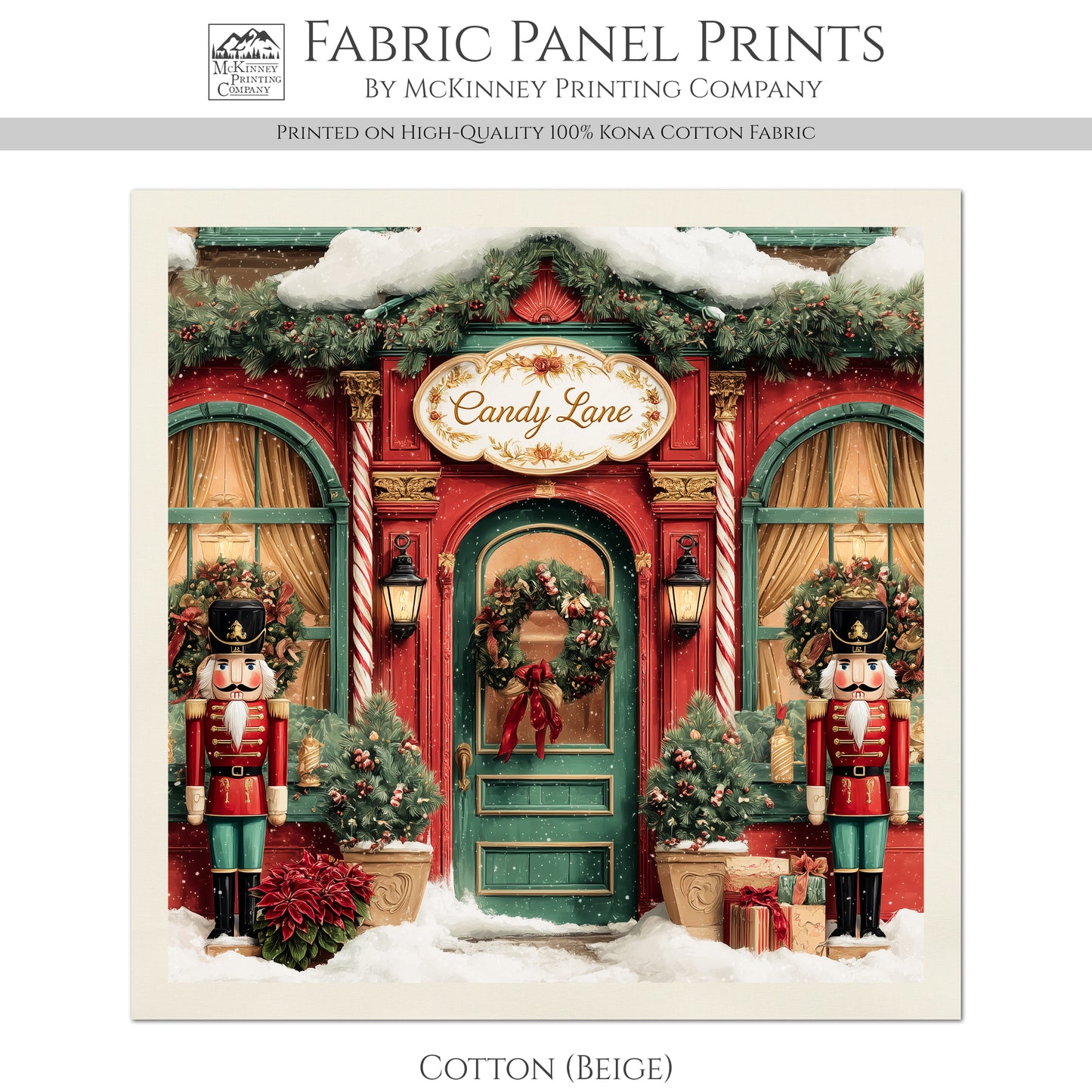 Christmas Fabric Panel - Christmas Village, Store, Holliday, Nutcracker, Candy Cane, Quilt Block, Cotton, Quilting, Wall Art