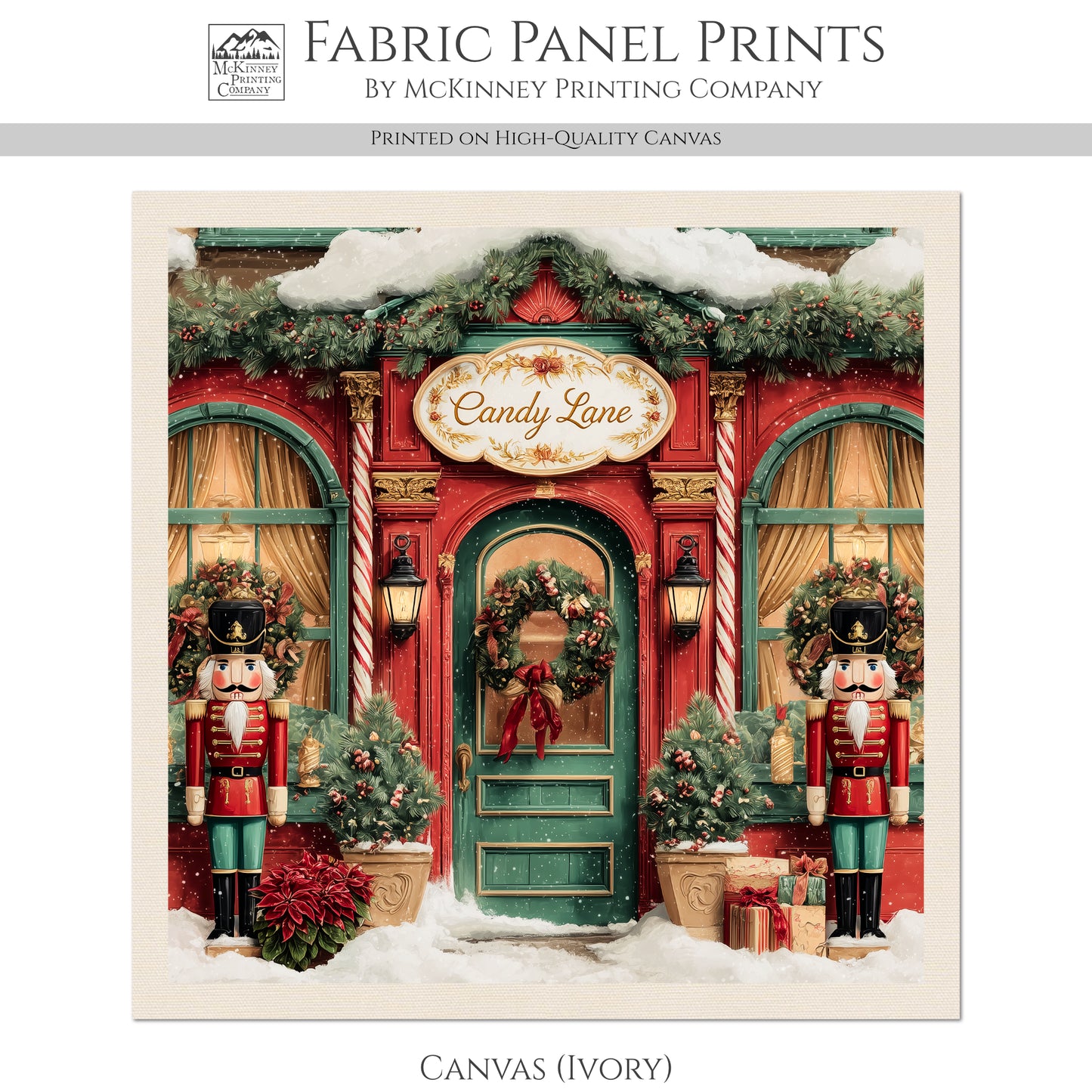 Christmas Fabric Panel - Christmas Village, Store, Holliday, Nutcracker, Candy Cane, Quilt Block, Cotton, Quilting, Wall Art