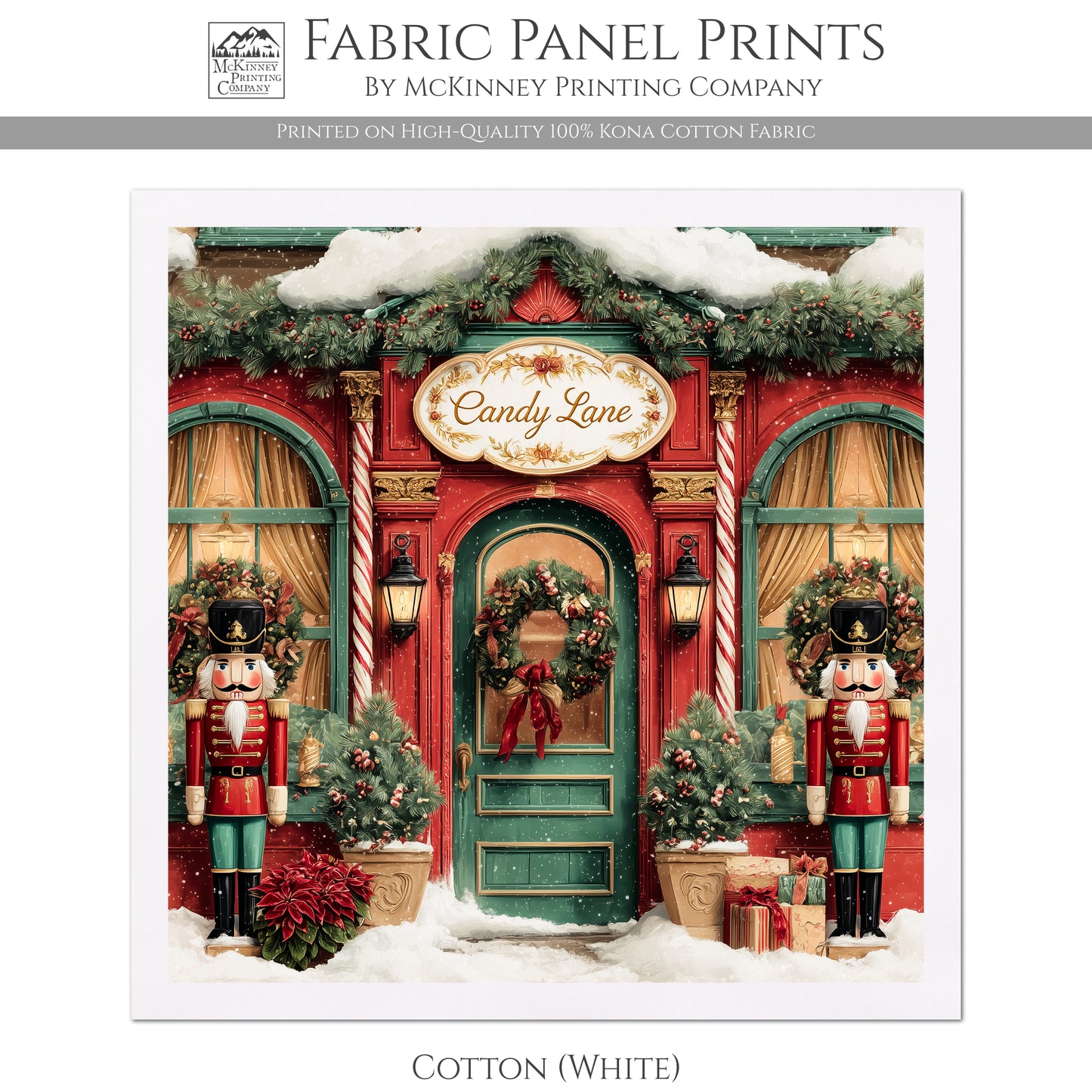 Christmas Fabric Panel - Christmas Village, Store, Holliday, Nutcracker, Candy Cane, Quilt Block, Cotton, Quilting, Wall Art