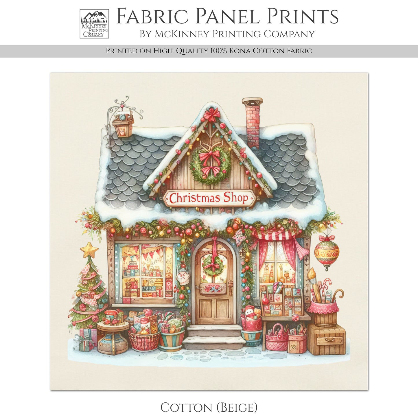 Christmas Fabric Panel - Christmas Village, House Décor, Holliday, Shop, Quilt Block, Cotton, Quilting, Wall Art