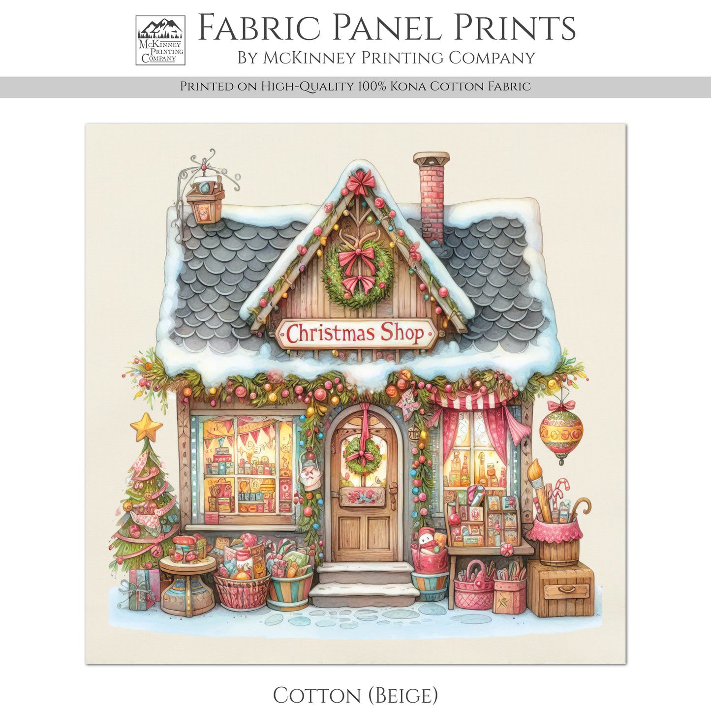 Christmas Fabric Panel - Christmas Village, House Décor, Holliday, Shop, Quilt Block, Cotton, Quilting, Wall Art