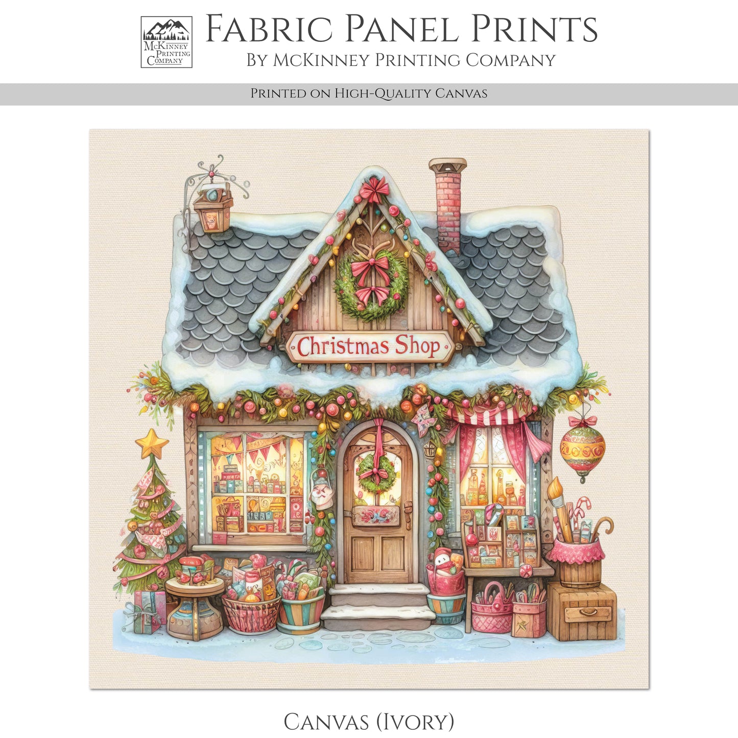 Christmas Fabric Panel - Christmas Village, House Décor, Holliday, Shop, Quilt Block, Cotton, Quilting, Wall Art