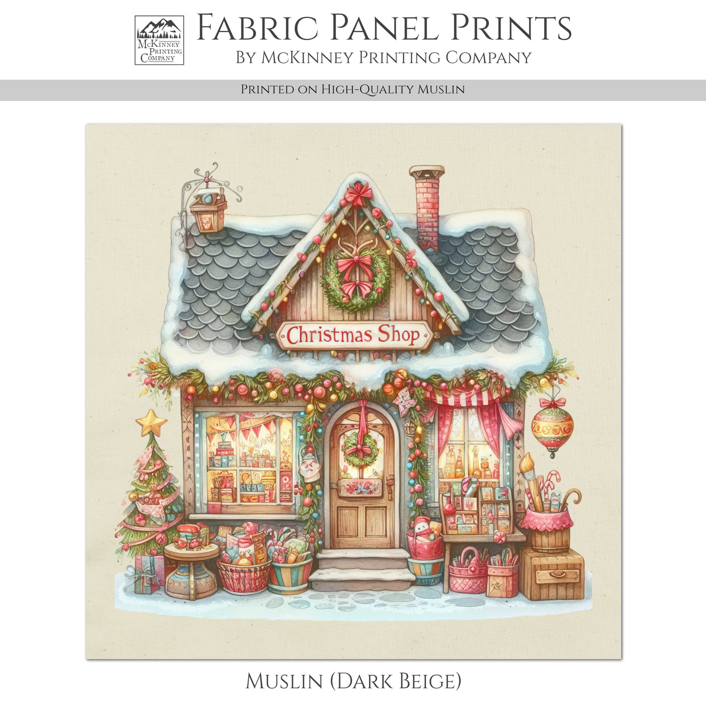 Christmas Fabric Panel - Christmas Village, House Décor, Holliday, Shop, Quilt Block, Cotton, Quilting, Wall Art