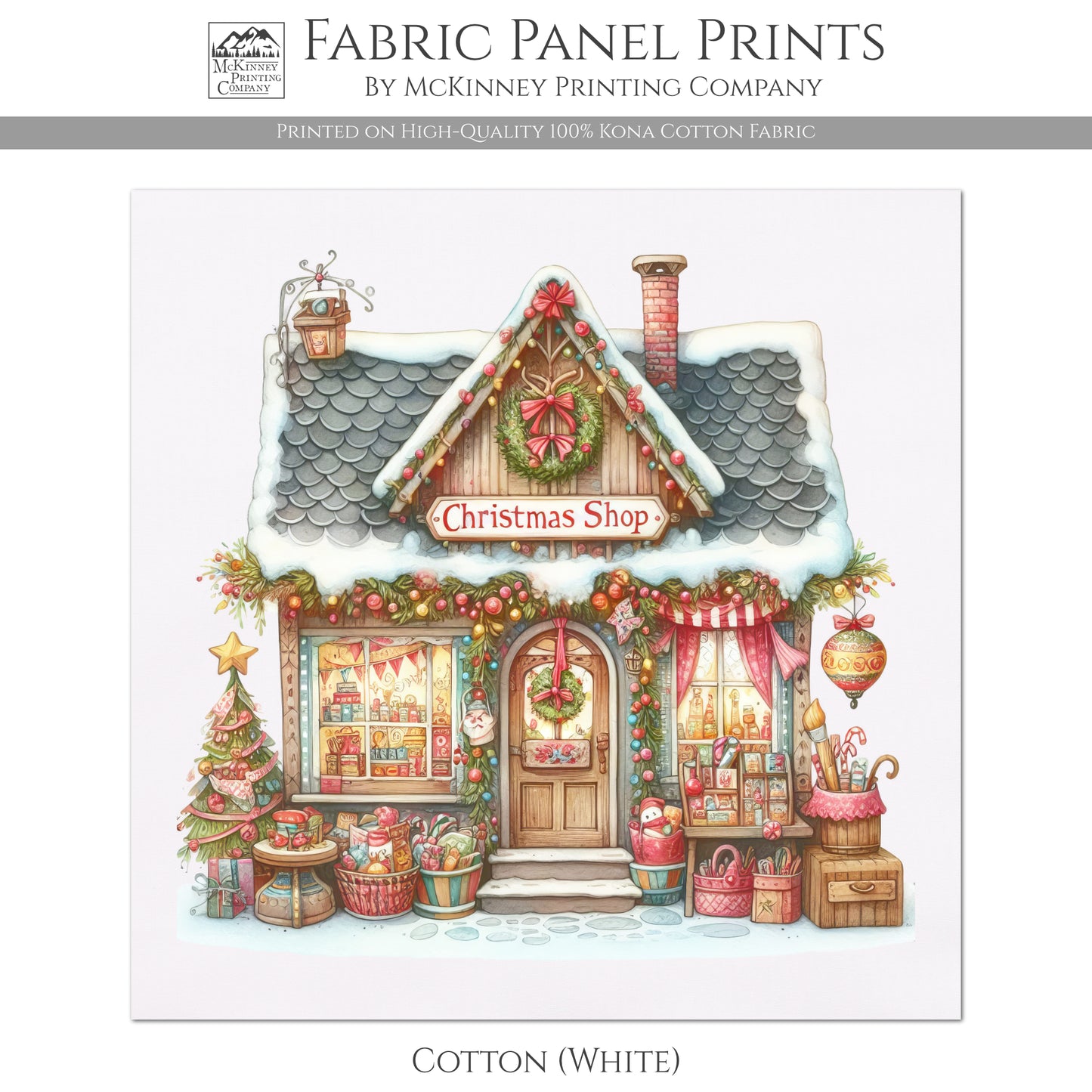 Christmas Fabric Panel - Christmas Village, House Décor, Holliday, Shop, Quilt Block, Cotton, Quilting, Wall Art