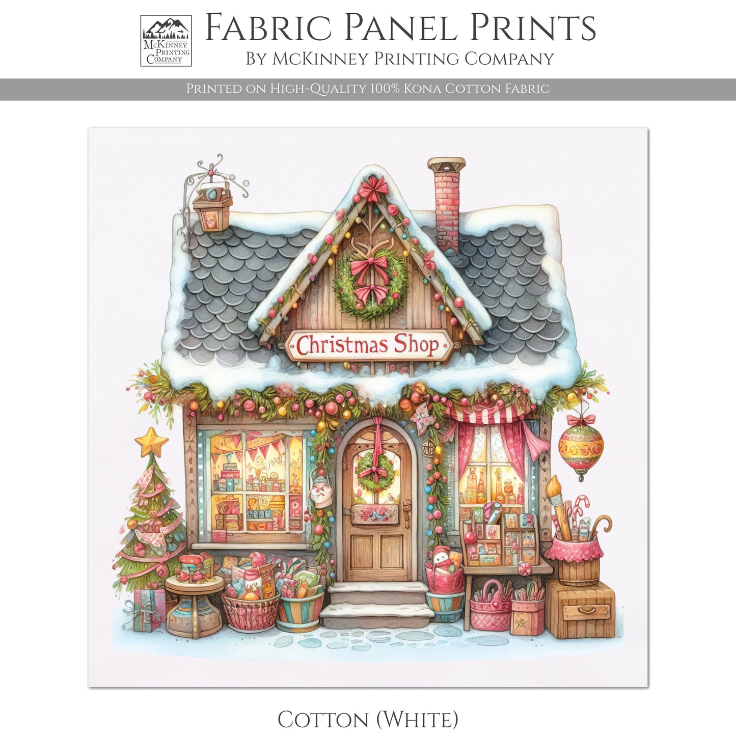 Christmas Fabric Panel - Christmas Village, House Décor, Holliday, Shop, Quilt Block, Cotton, Quilting, Wall Art