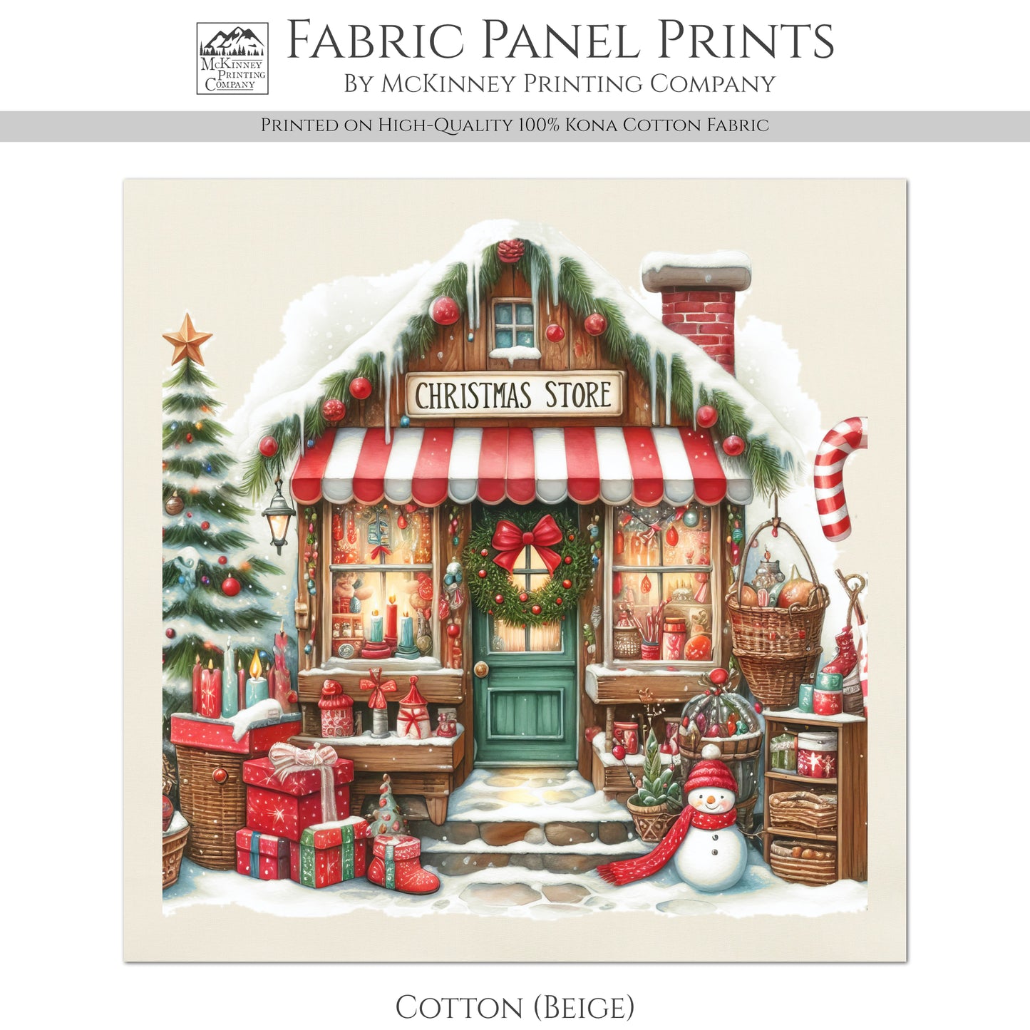 Christmas Fabric Panel - Christmas Village, Store, Holliday, Shop, Quilt Block, Cotton, Quilting, Wall Art