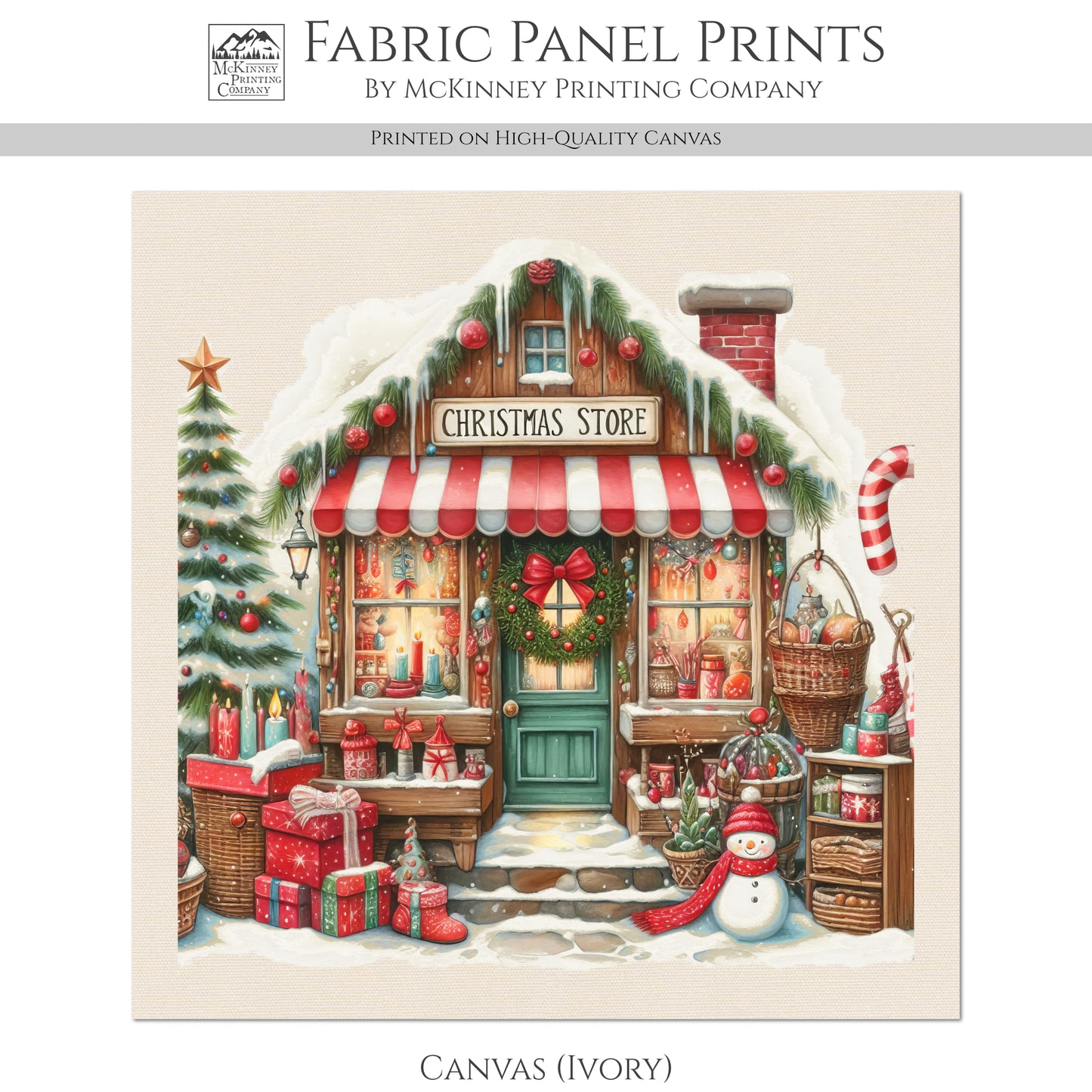 Christmas Fabric Panel - Christmas Village, Store, Holliday, Shop, Quilt Block, Cotton, Quilting, Wall Art