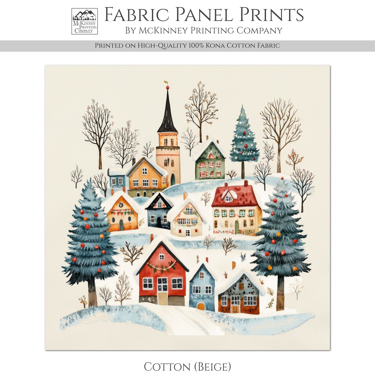 Christmas Village - Christmas Fabric Panel, Cotton, House, Victorian Decor, Wall Art, Large Print, Block Print, Cotton, Quilting, Quilt, Sewing, Crafts
