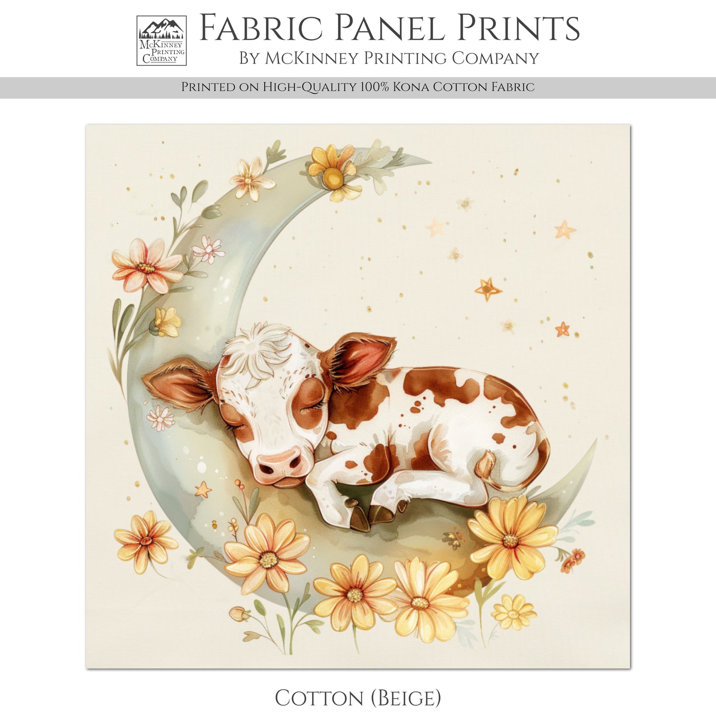 Cow Fabric - Baby Fabric Panels, Moon, Floral, Canvas, Shower Gift, Nursery Décor, Quilt Block, Cotton, Quilting