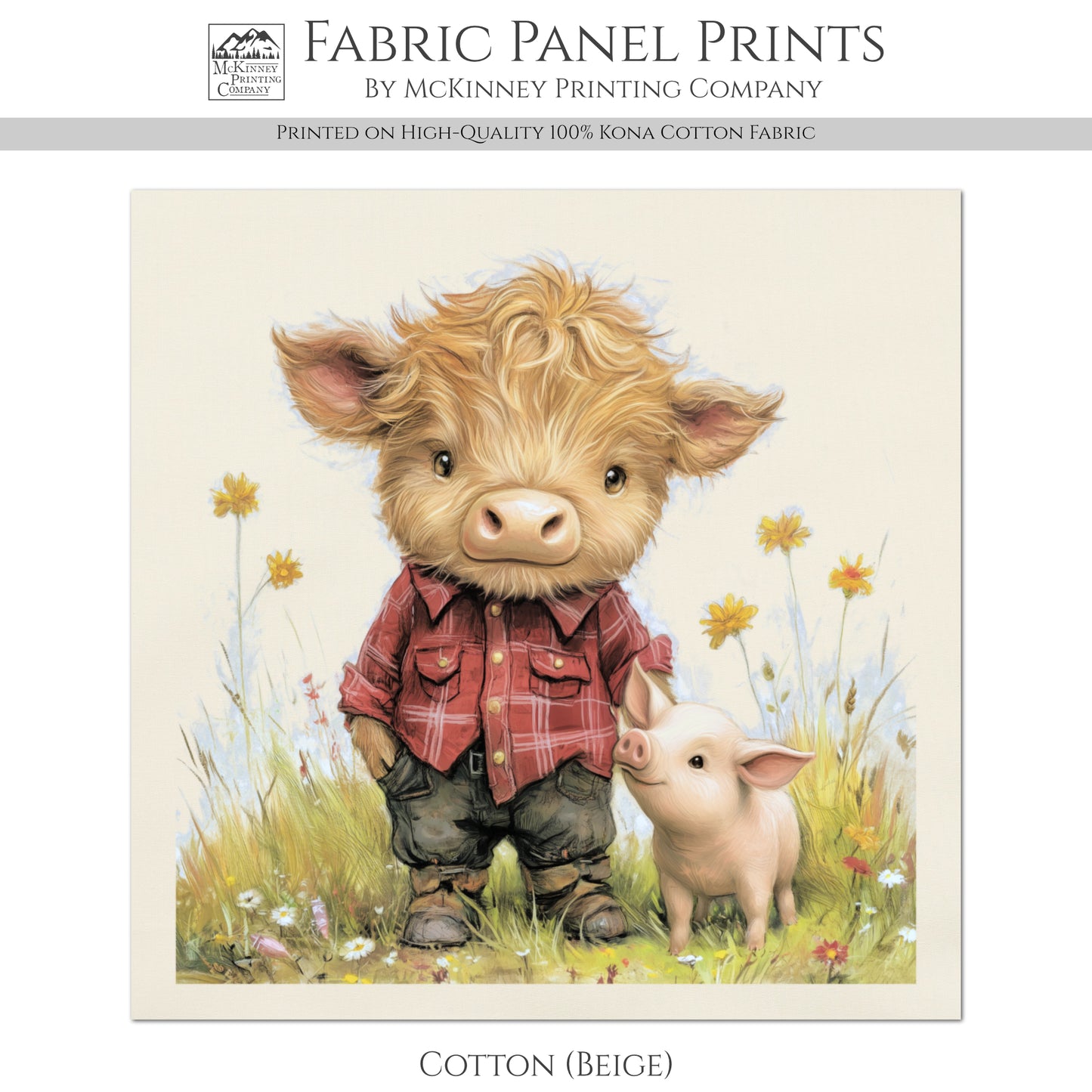 Highland Cow - Baby Fabric Panels, Pig, Farm, Boy, Blanket, Nursery Décor, Quilt Block, Cotton, Quilting