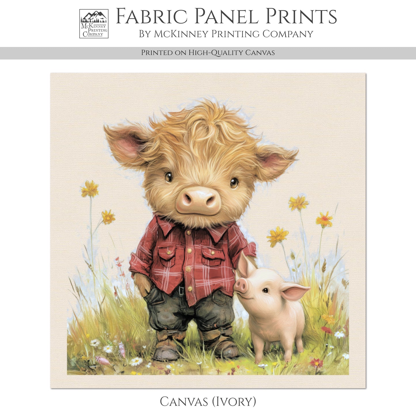 Highland Cow - Baby Fabric Panels, Pig, Farm, Boy, Blanket, Nursery Décor, Quilt Block, Cotton, Quilting