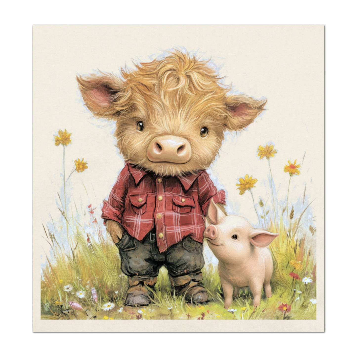 Highland Cow - Baby Fabric Panels, Pig, Farm, Boy, Blanket, Nursery Décor, Quilt Block, Cotton, Quilting