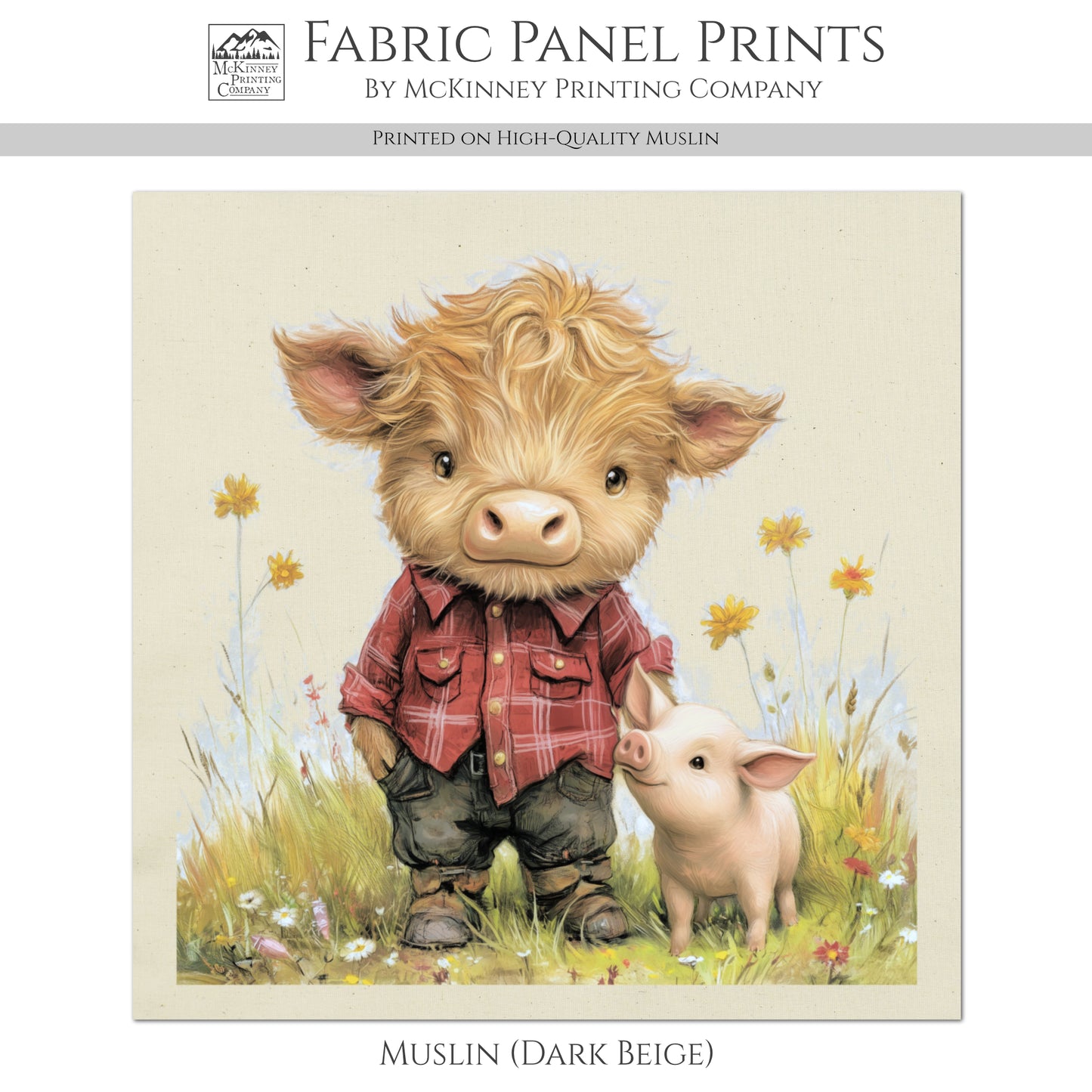 Highland Cow - Baby Fabric Panels, Pig, Farm, Boy, Blanket, Nursery Décor, Quilt Block, Cotton, Quilting