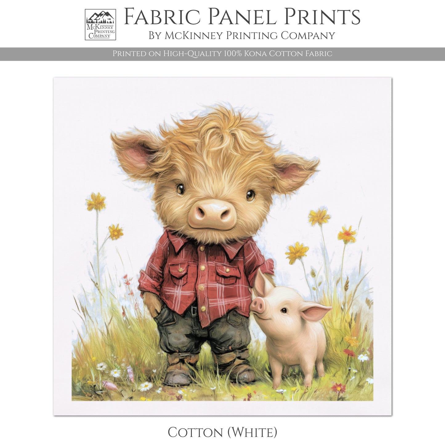 Highland Cow - Baby Fabric Panels, Pig, Farm, Boy, Blanket, Nursery Décor, Quilt Block, Cotton, Quilting