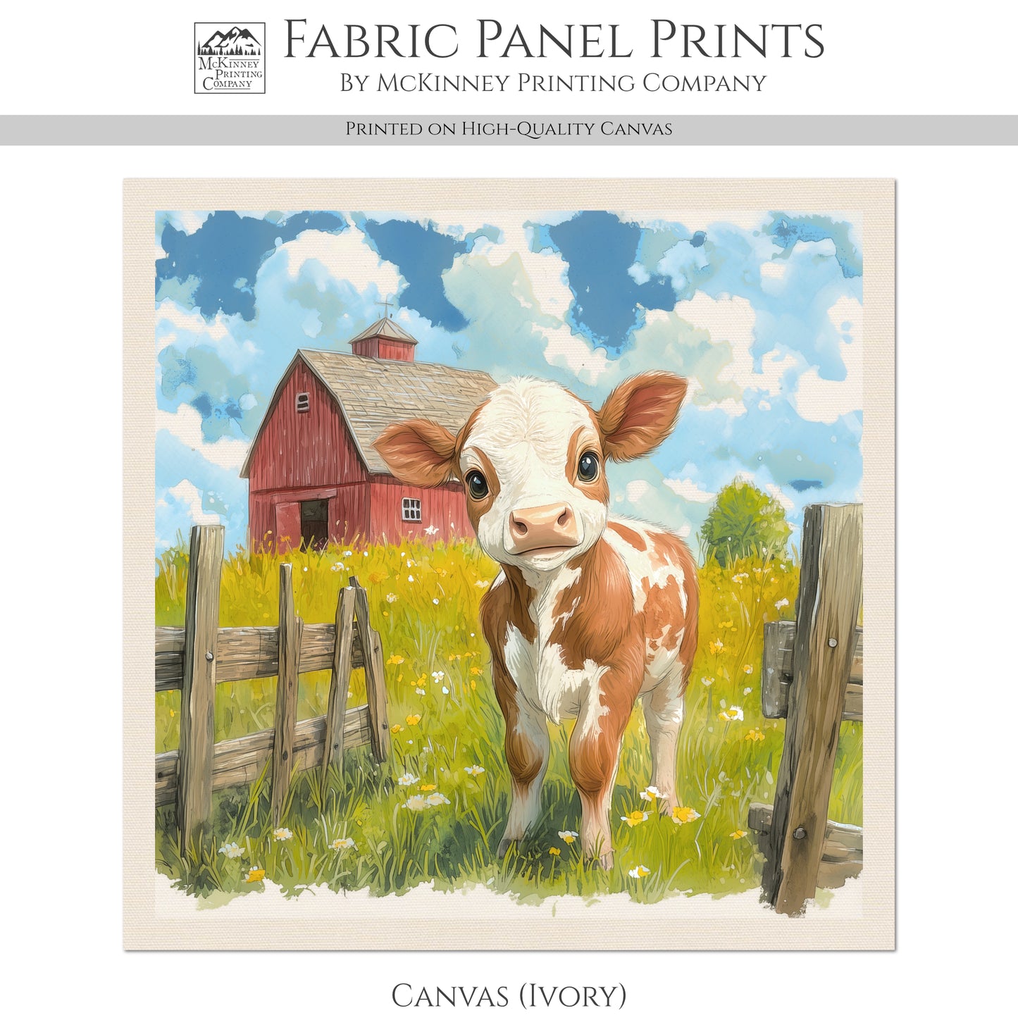 Farm Animal Fabric - Cow, Baby Fabric Panels, Cotton, Nursery Décor, Quilt Block, Wall Art, Infant, Quilting, Sewing