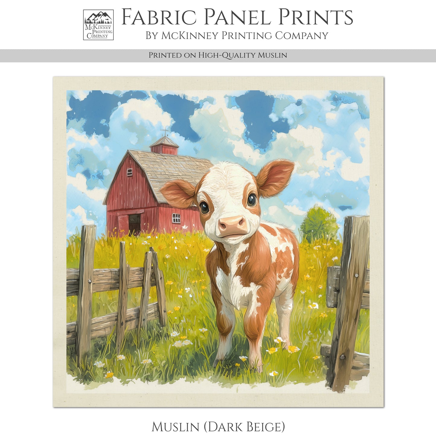 Farm Animal Fabric - Cow, Baby Fabric Panels, Cotton, Nursery Décor, Quilt Block, Wall Art, Infant, Quilting, Sewing
