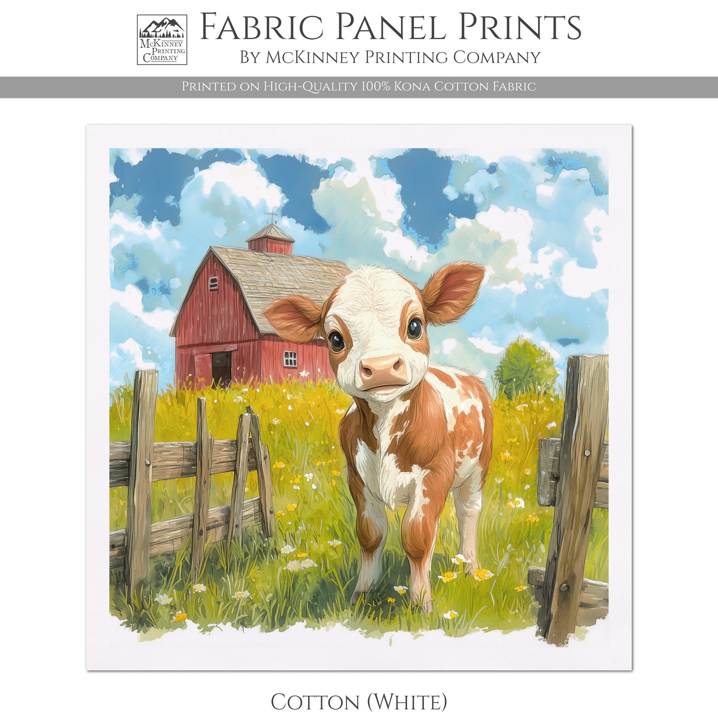Farm Animal Fabric - Cow, Baby Fabric Panels, Cotton, Nursery Décor, Quilt Block, Wall Art, Infant, Quilting, Sewing