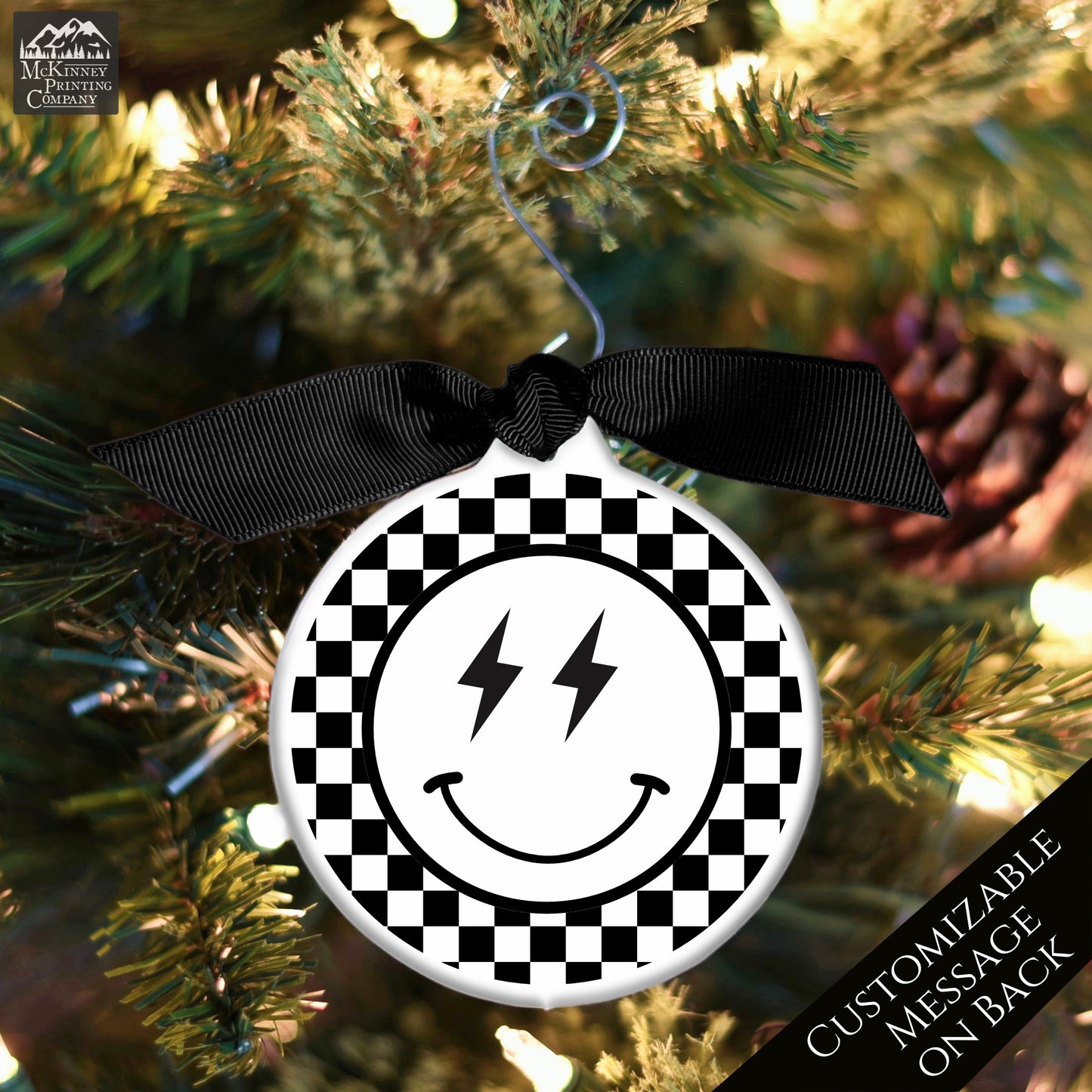 Emoji Christmas - Ornament, Smiley Face, Lightning, Black and White Check