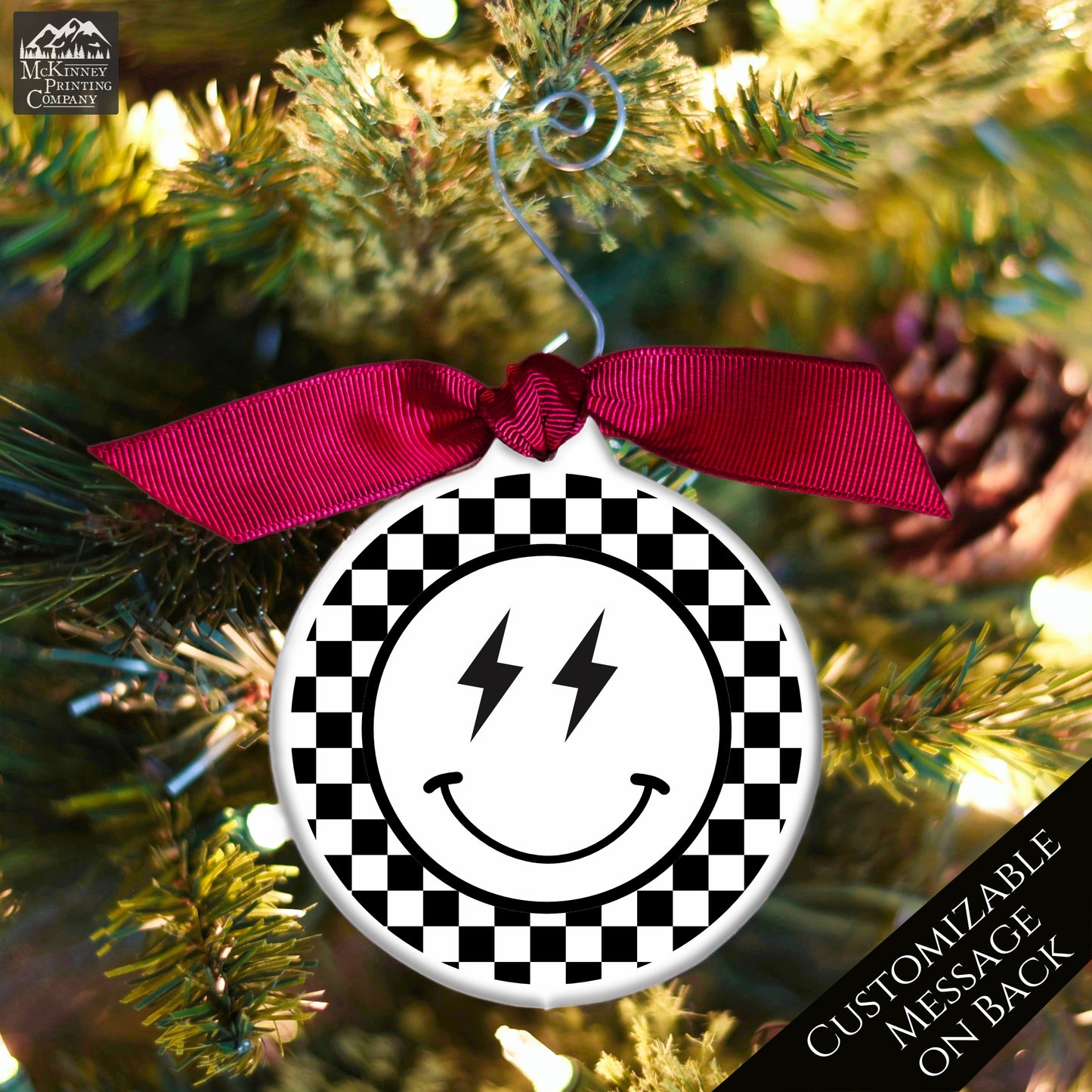 Emoji Christmas - Ornament, Smiley Face, Lightning, Black and White Check