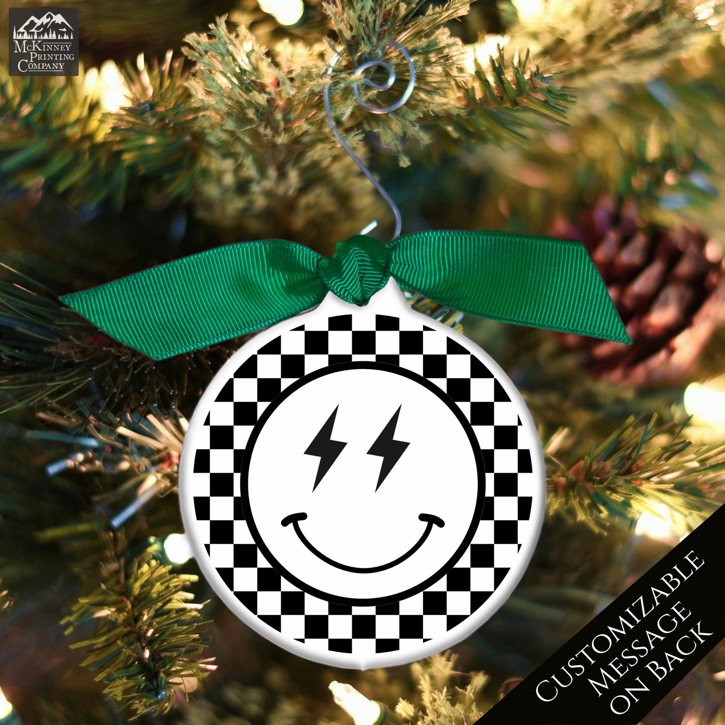 Emoji Christmas - Ornament, Smiley Face, Lightning, Black and White Check