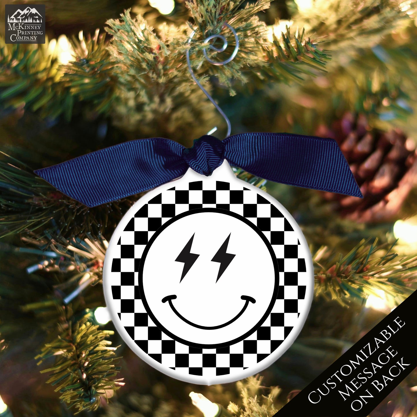Emoji Christmas - Ornament, Smiley Face, Lightning, Black and White Check