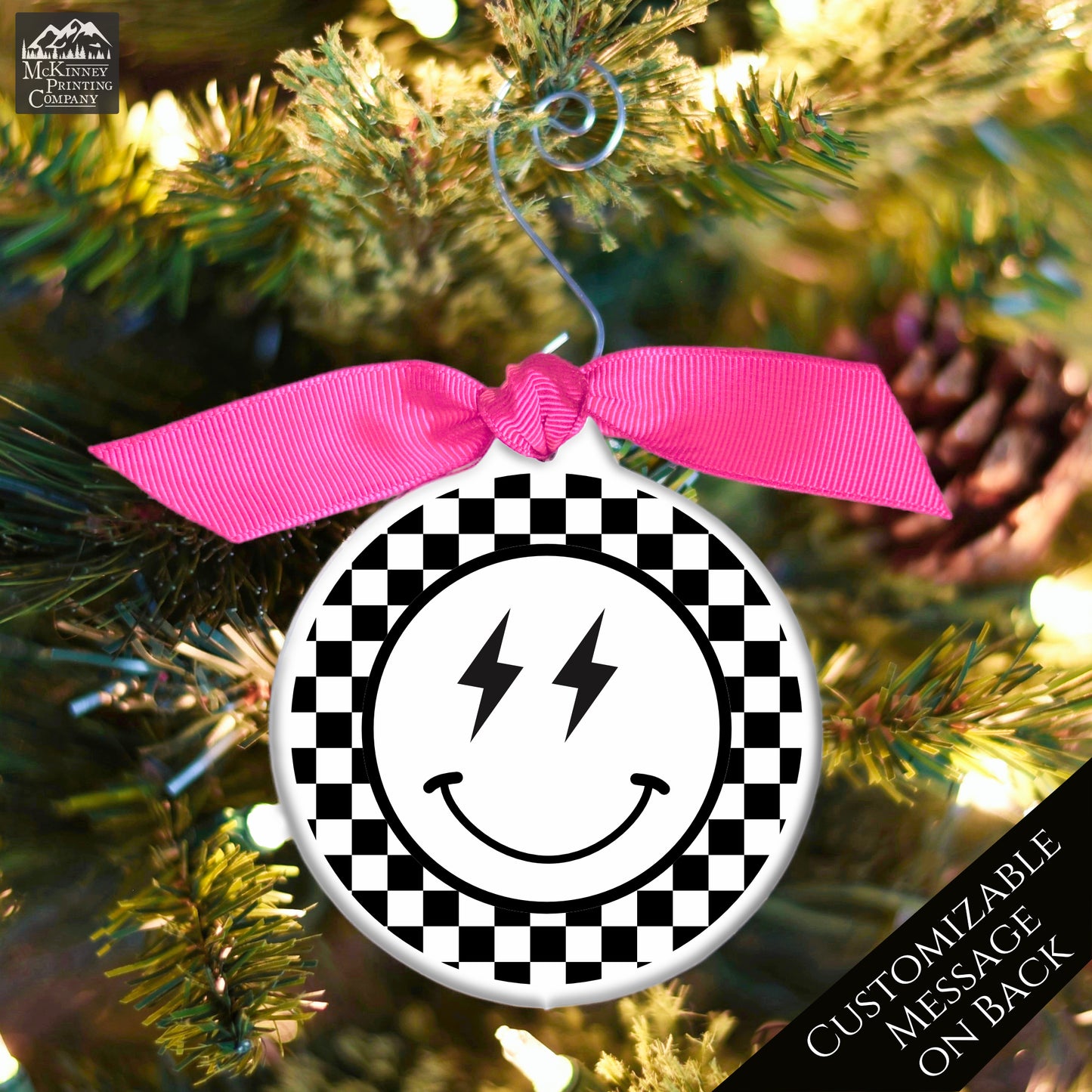Emoji Christmas - Ornament, Smiley Face, Lightning, Black and White Check