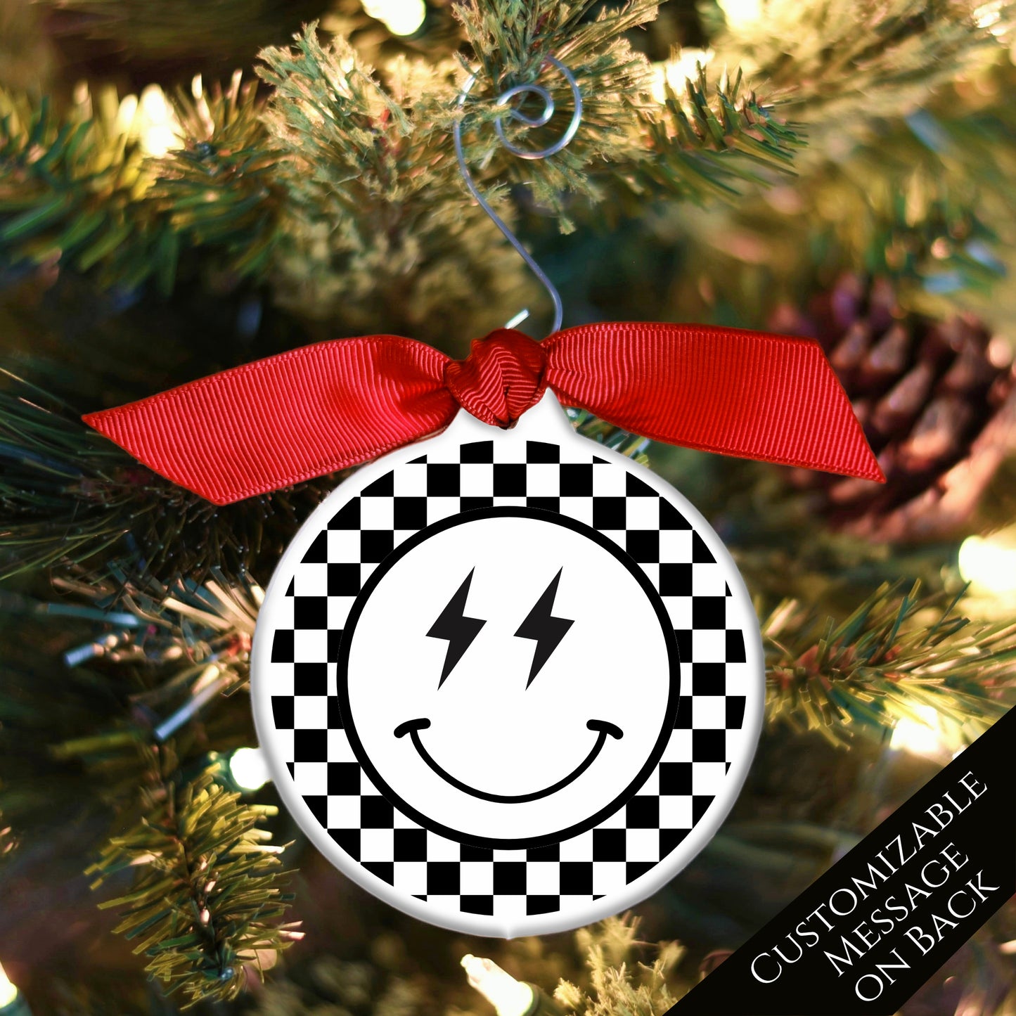 Emoji Christmas - Ornament, Smiley Face, Lightning, Black and White Check