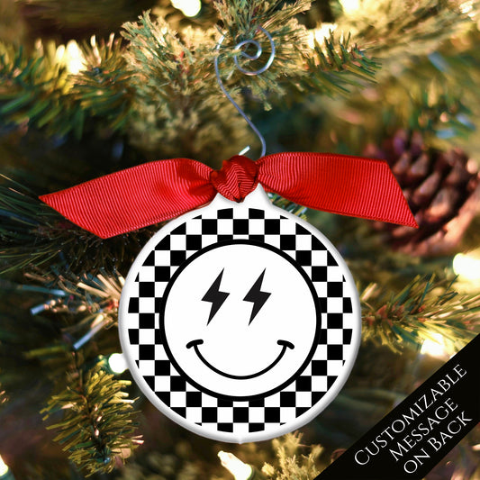 Emoji Christmas - Ornament, Smiley Face, Lightning, Black and White Check