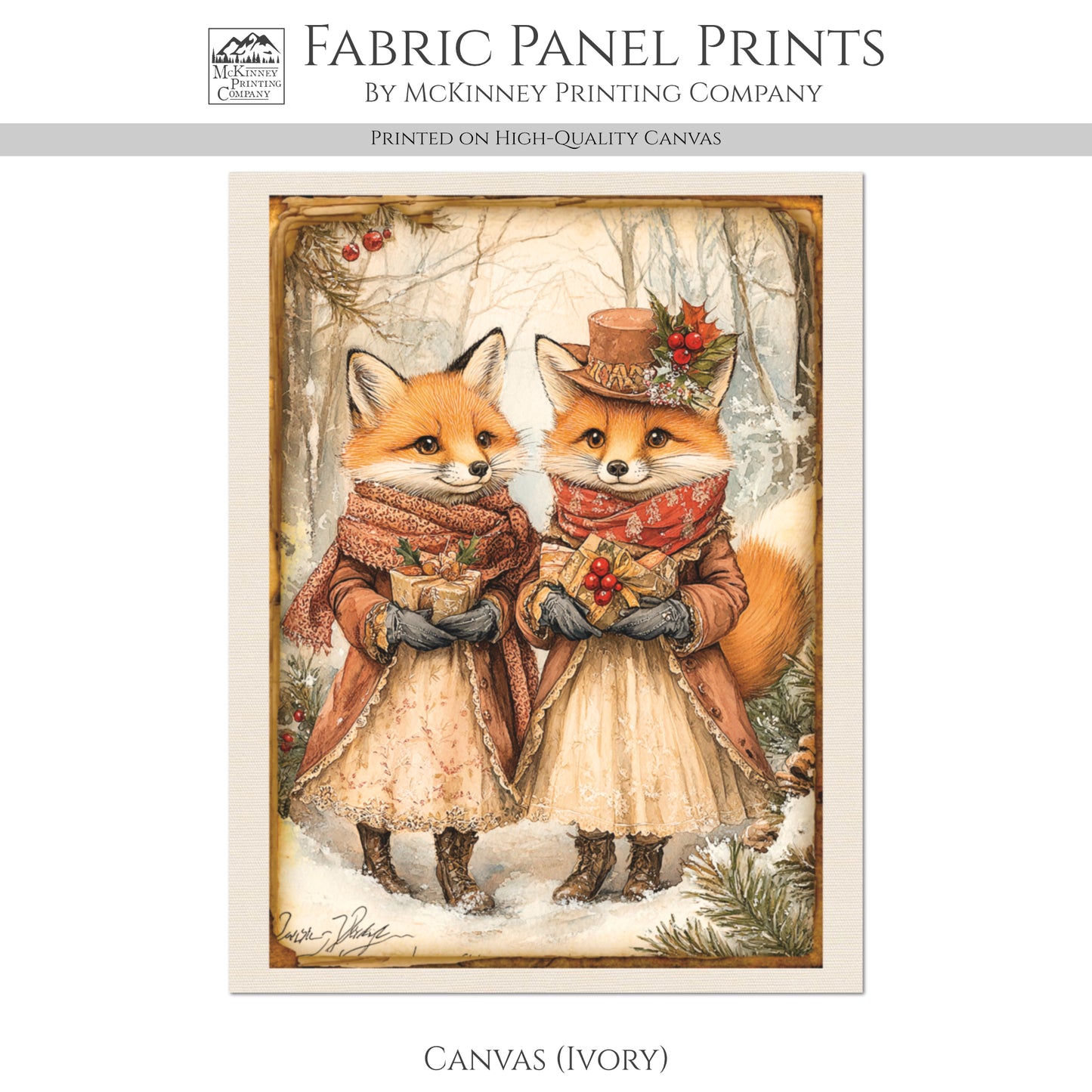 Fox Fabric - Christmas Fabric Panel, Wolf Fabric, Décor, Quilt Block, Cute, Cotton, Quilting, Woodland, Wall Art, Canvas
