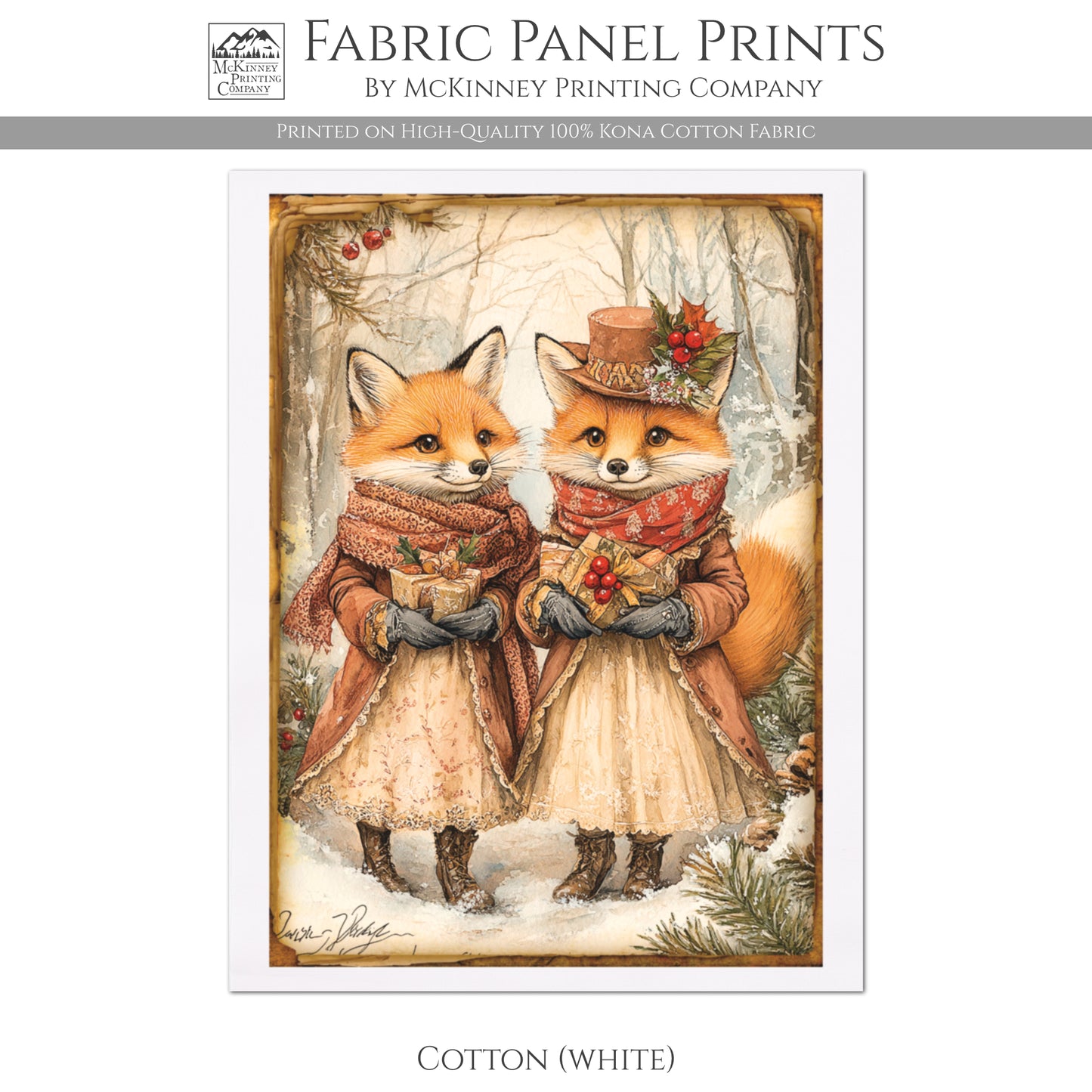 Fox Fabric - Christmas Fabric Panel, Wolf Fabric, Décor, Quilt Block, Cute, Cotton, Quilting, Woodland, Wall Art, Canvas