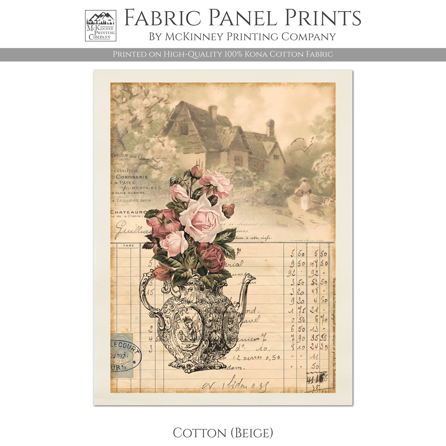 Pink Rose, French Country Fabric - Shabby Chic Decor, Quilt Block - Kona Cotton Fabric