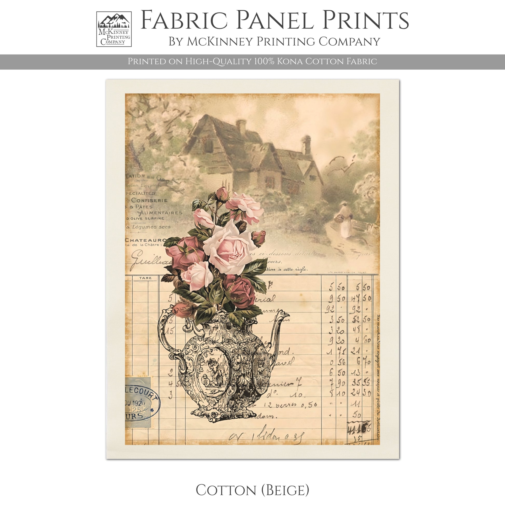 Pink Rose, French Country Fabric - Shabby Chic Decor, Quilt Block - Kona Cotton Fabric