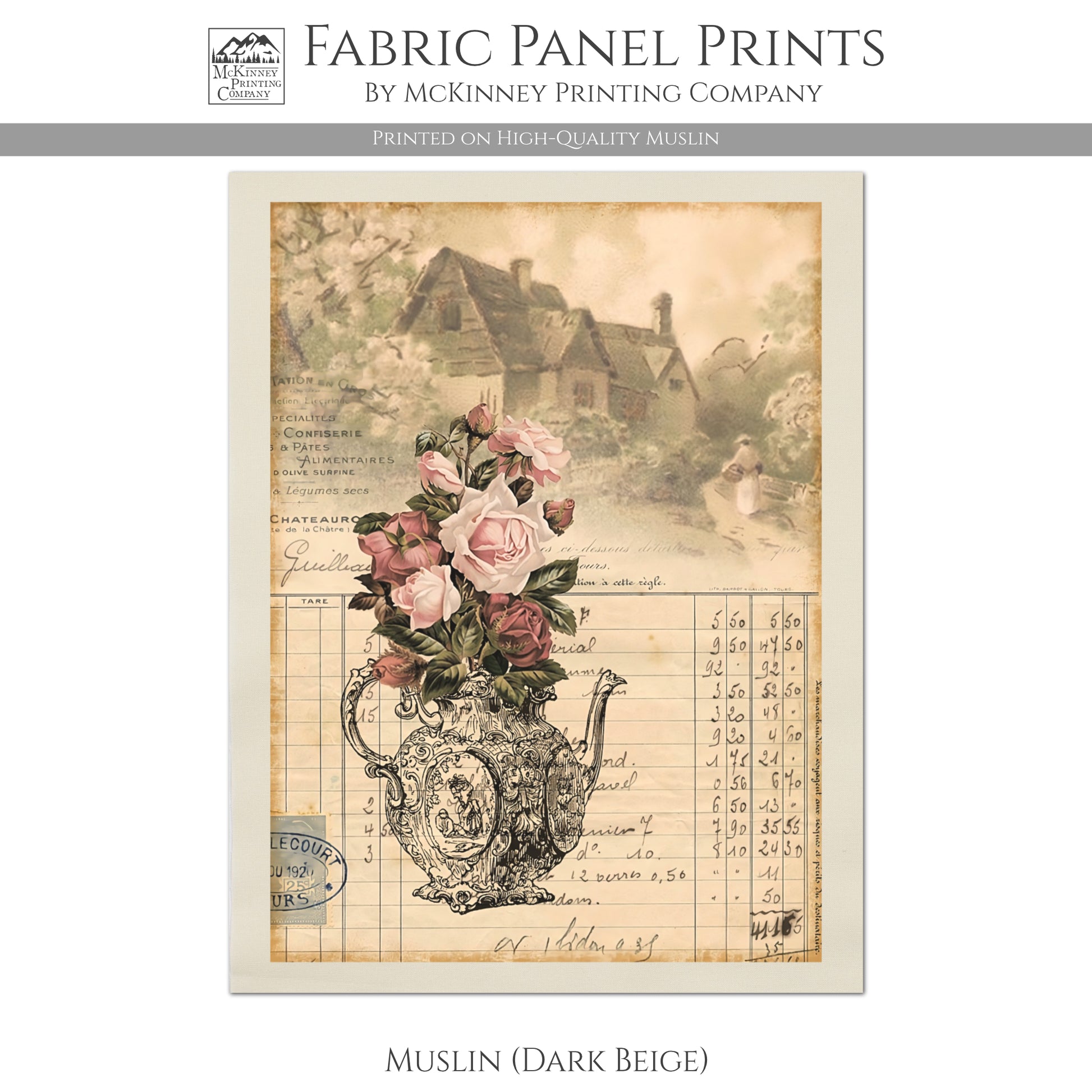 Pink Rose, French Country Fabric - Shabby Chic Decor, Quilt Block - Muslin