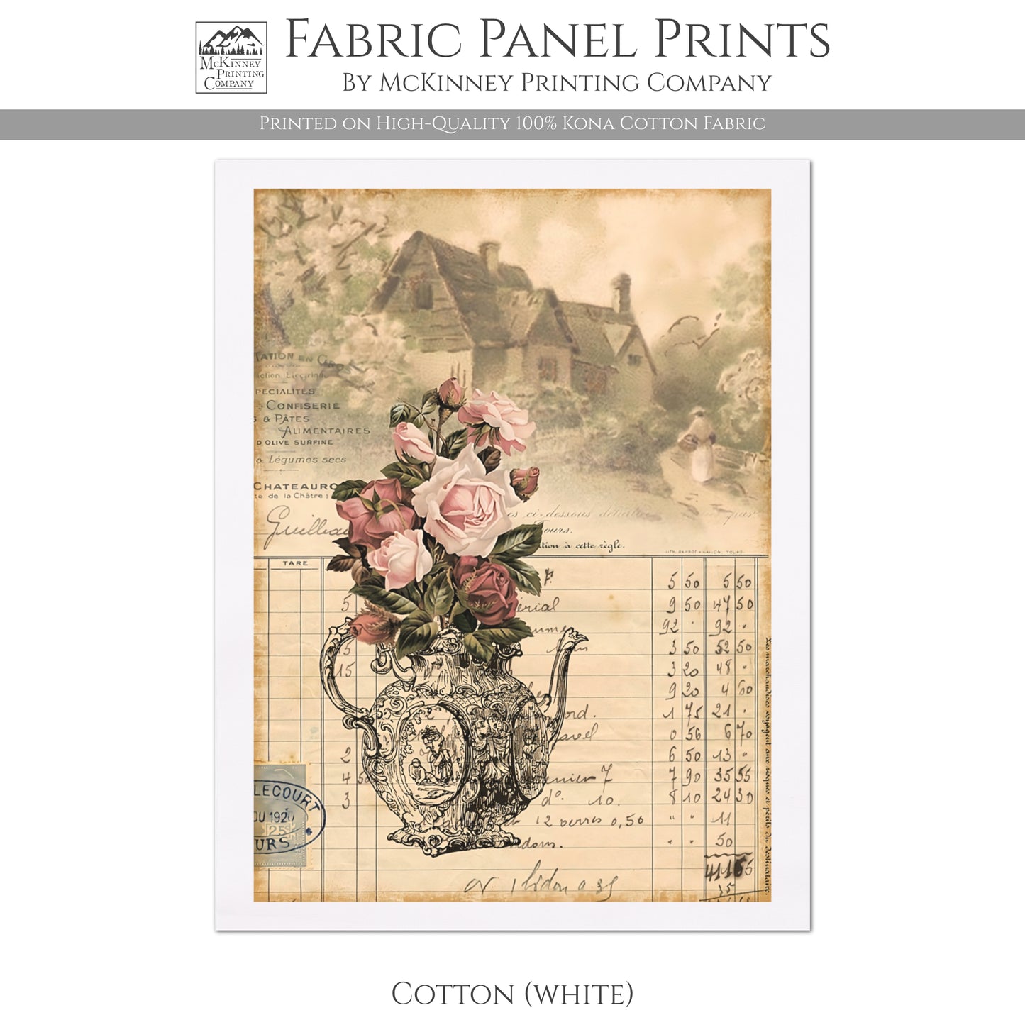 Pink Rose, French Country Fabric - Shabby Chic Decor, Quilt Block - Kona Cotton Fabric, White