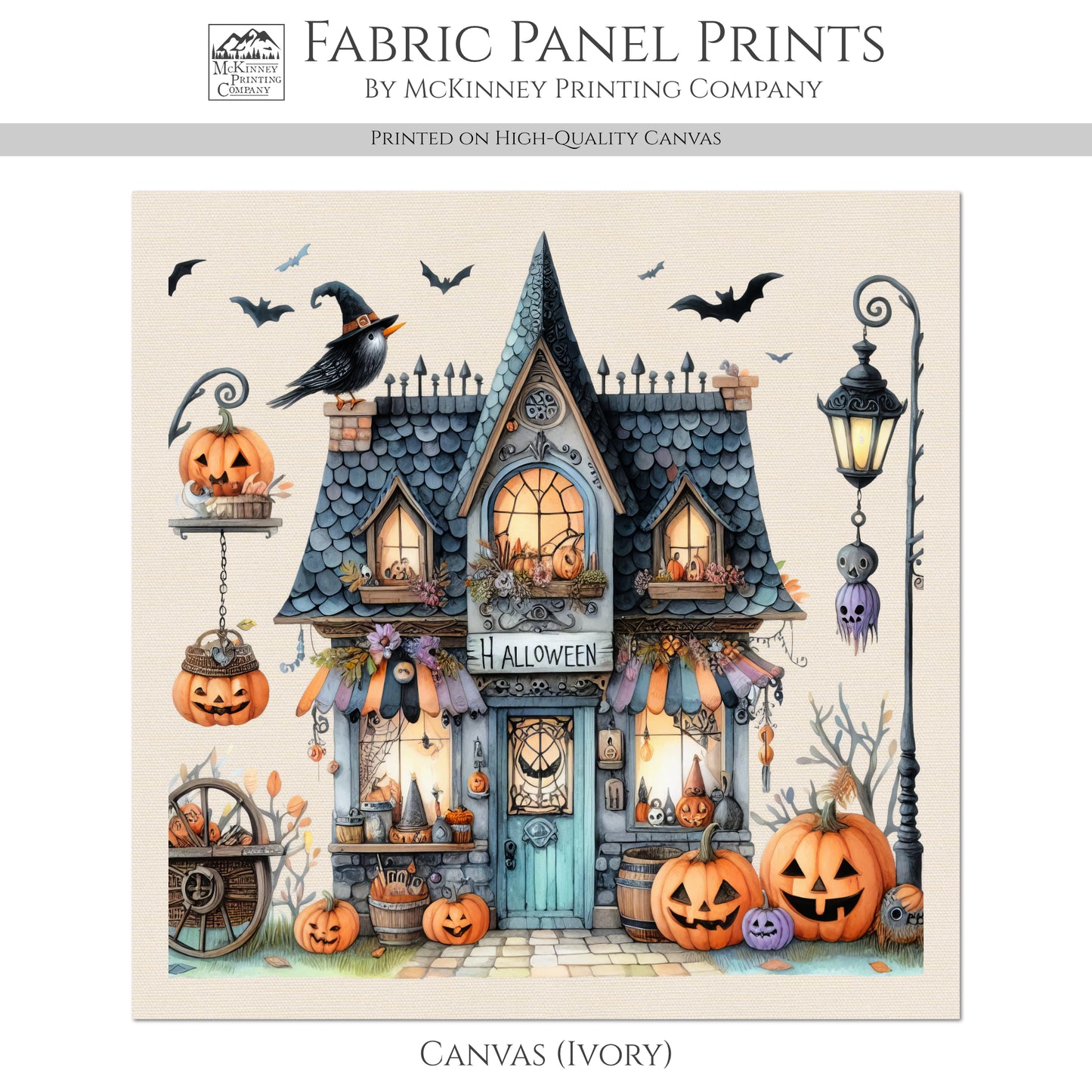 Halloween Fabric - Fall Fabric Panel, Pumpkin, Decor, Bat, Watercolor, Cotton, Canvas, Quilt Block, Wall Art